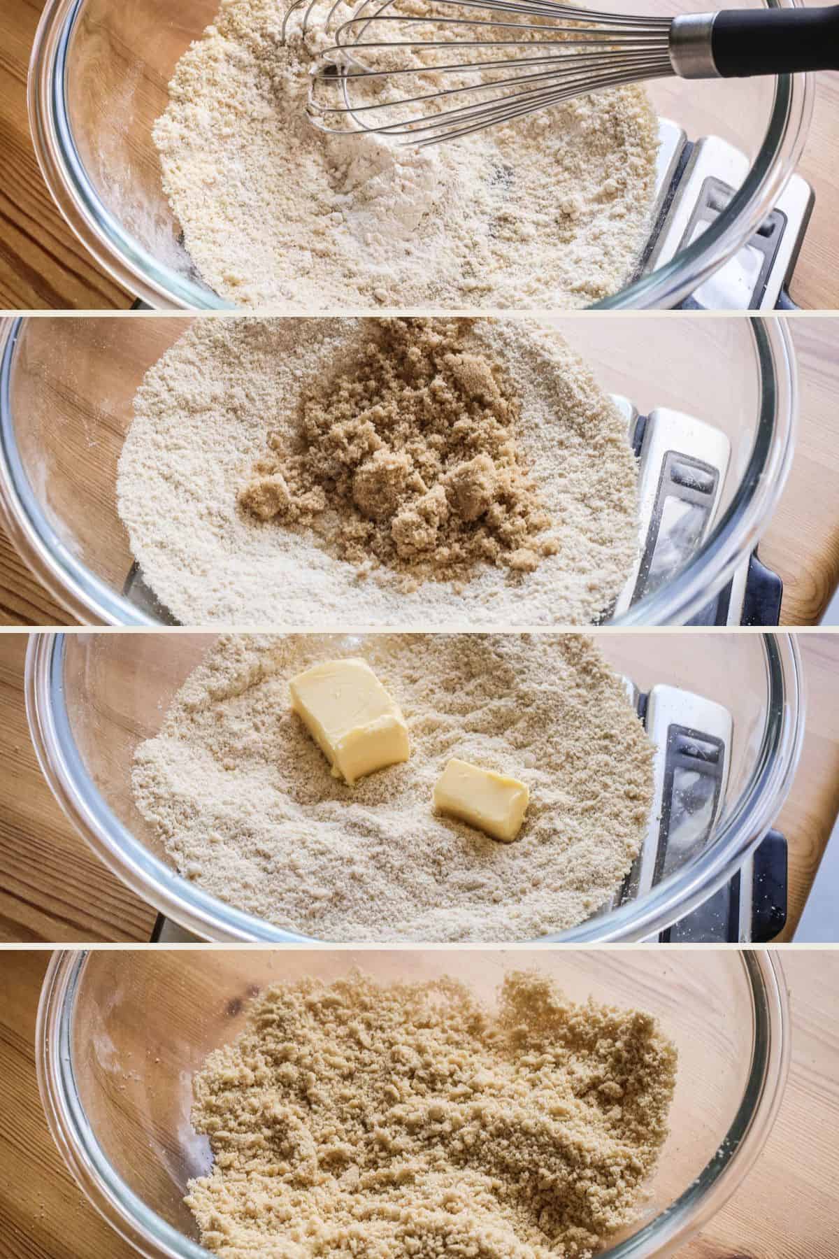 Streusel topping made in a bowl. Flour then sugar then butter added and rubbed to make fine crumb.
