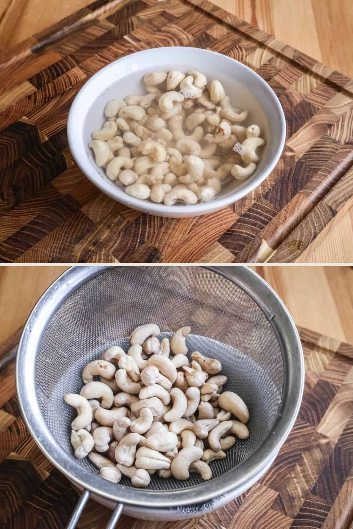 Cashew nuts soaking in freshly boiled water then strained in a sieve.