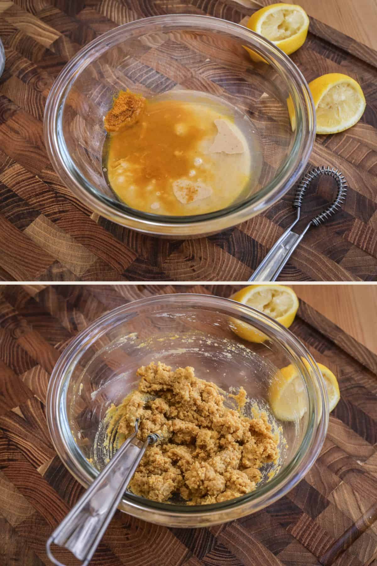 Tahini, lemon juice and turmeric in a glass mixing bowl, then mixed to a thick paste.
