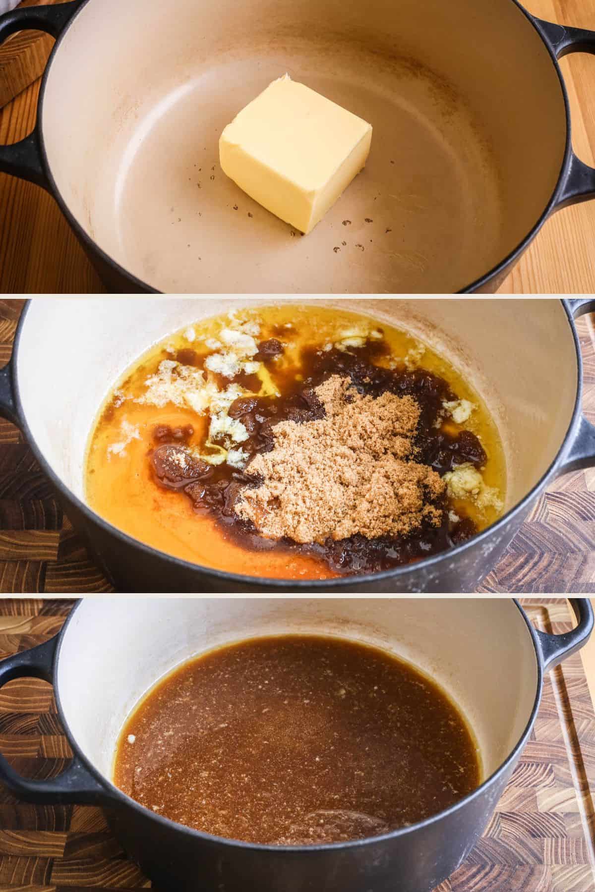 Butter melted in large saucepan. Sugar, syrup and vanilla added and mixed and melted in.