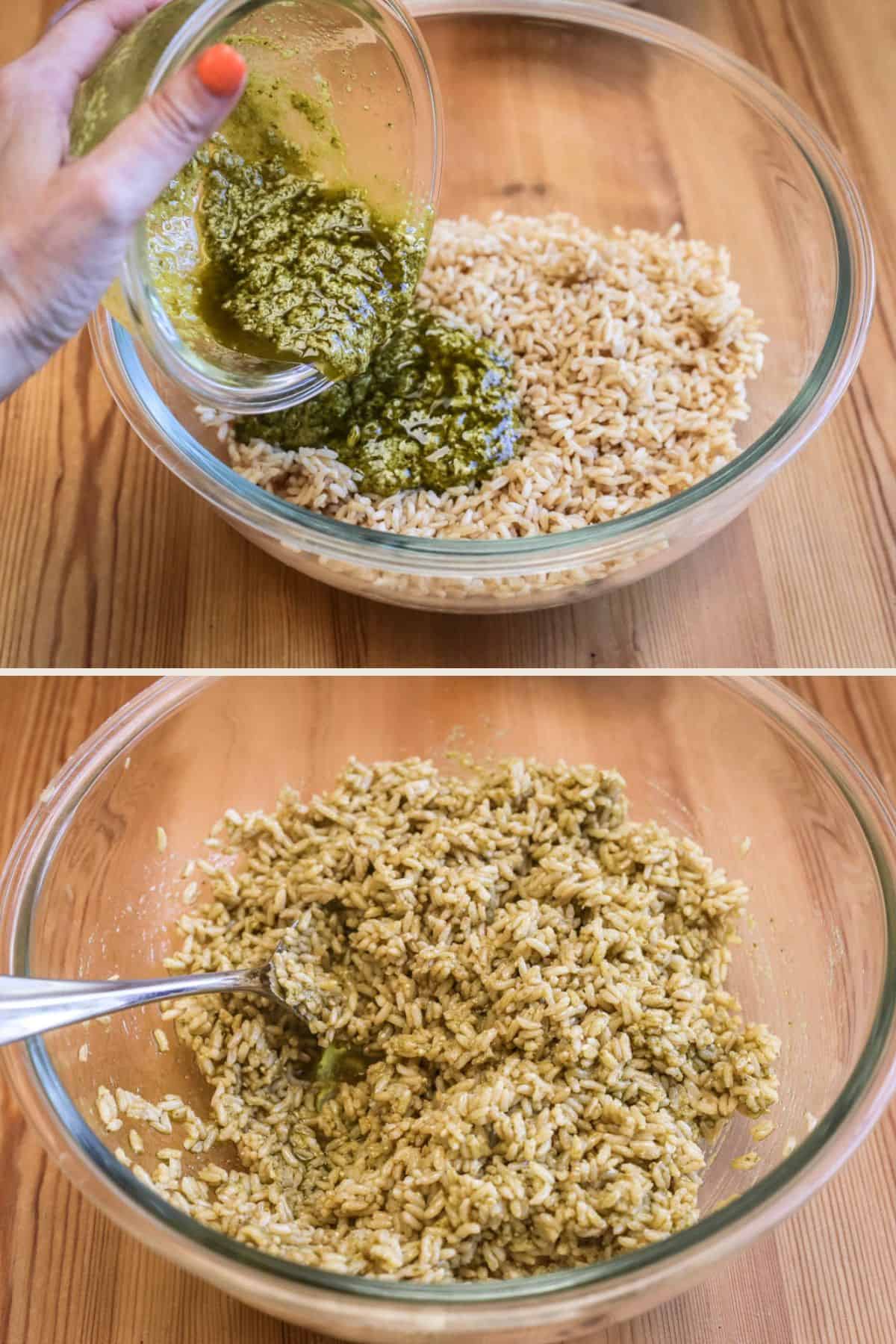 Pesto dressing poured over and mixed with brown rice.
