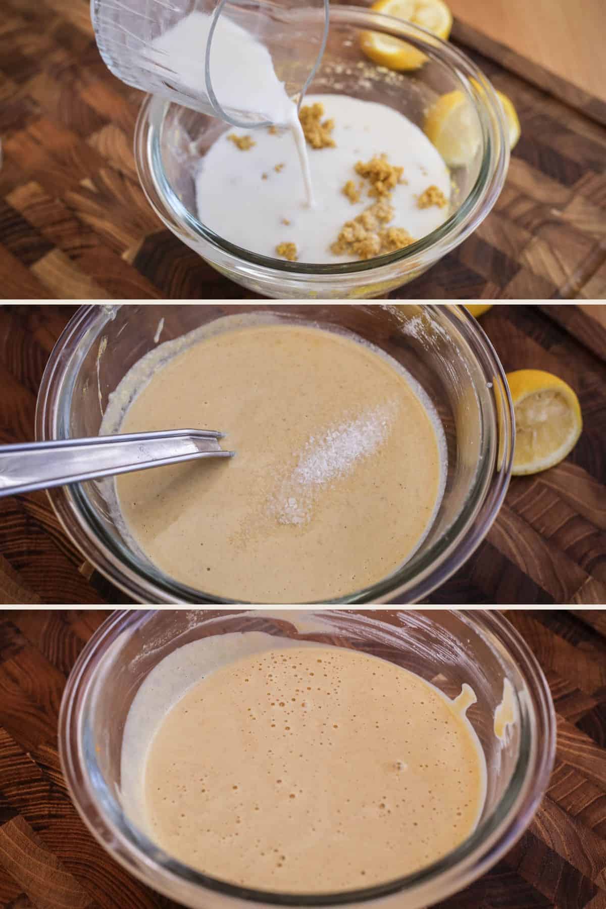 Plant milk poured in slowly into tahini paste to make a smooth pourable dressing with salt added.