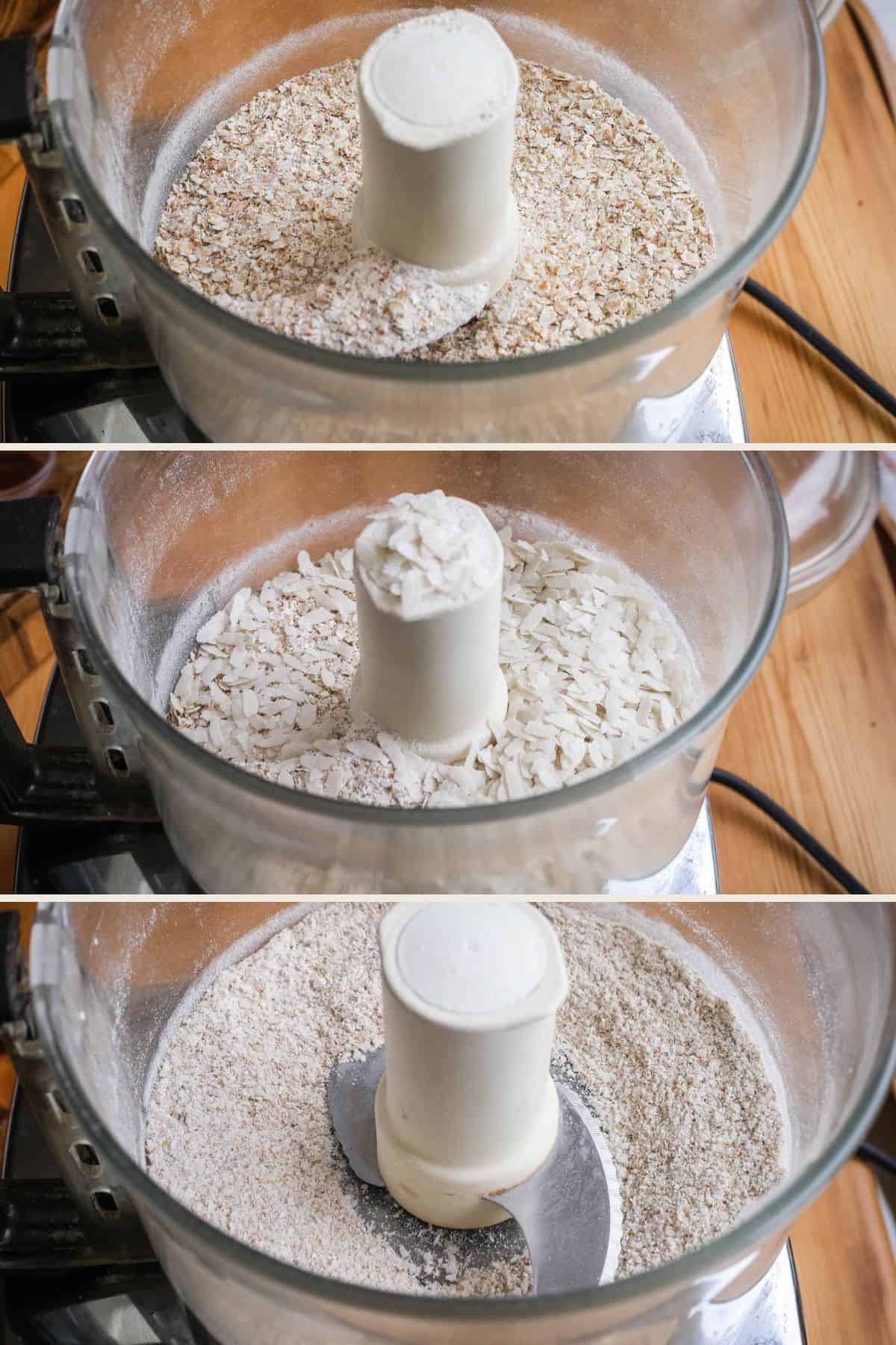 Some of the buckwheat flakes and some of the rice flakes poured into food processor and blended into a flour.