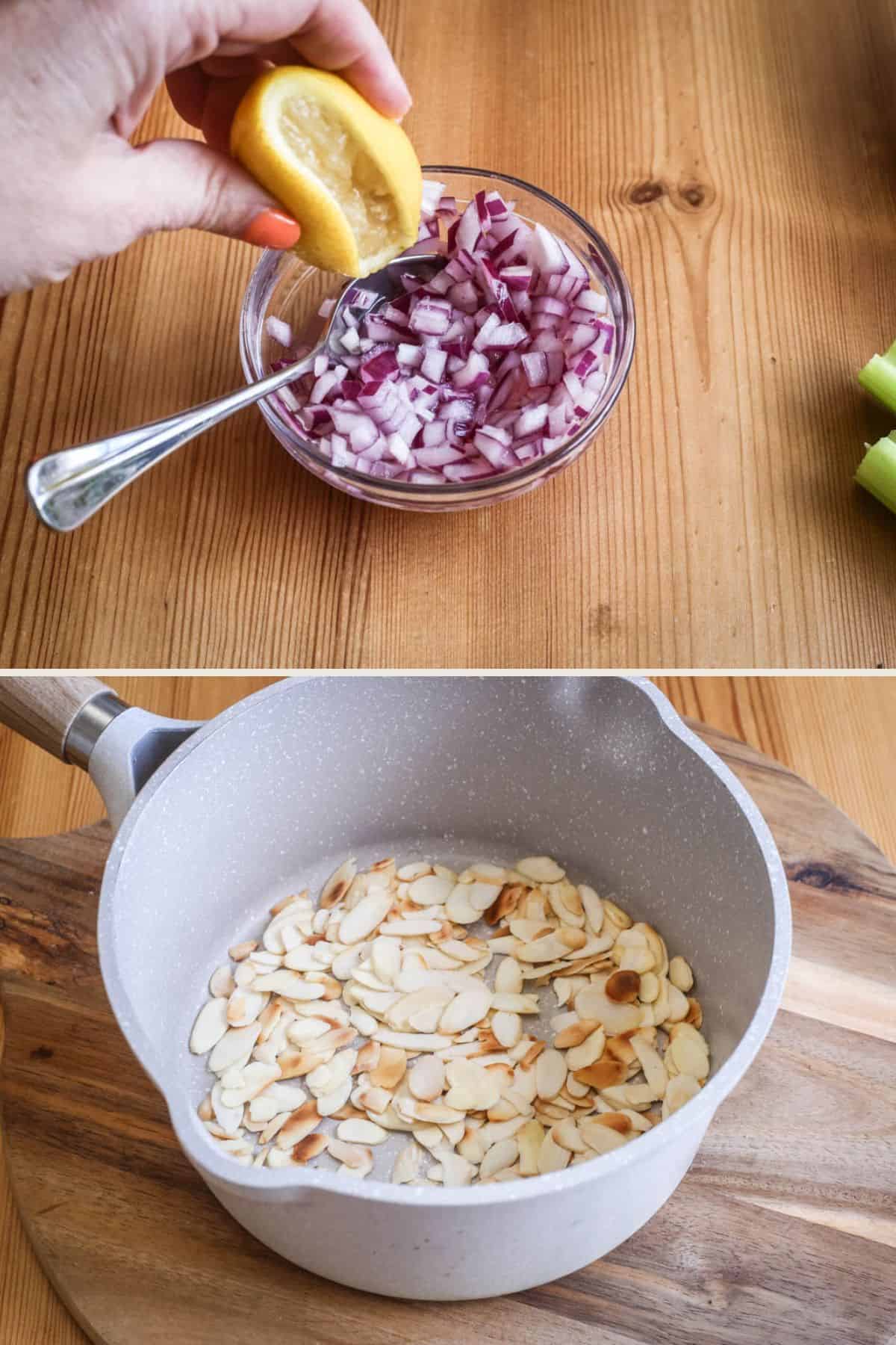 Diced onions tossed with lemon juice, salt and sugar. Flaked almonds in a saucepan to toast.