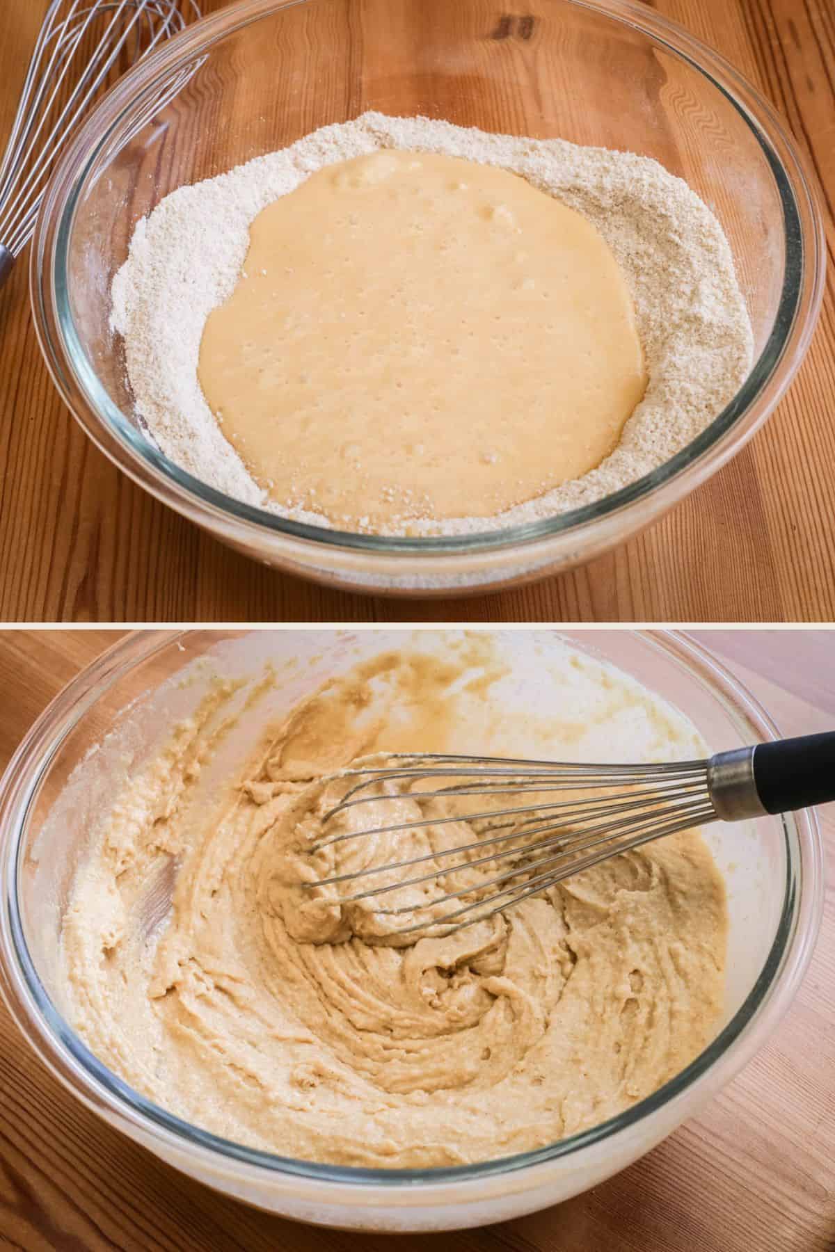 Wet ingredients poured into dry ingredients then whisked together into a thick batter.