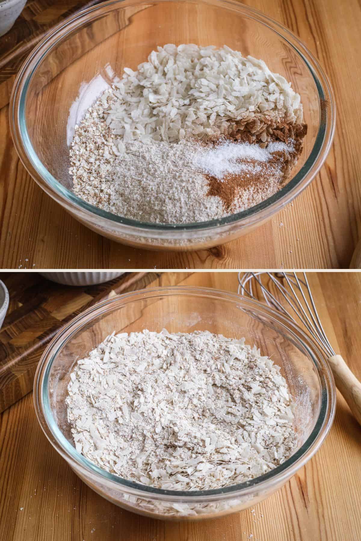 Dry ingredients mixed together in glass bowl.