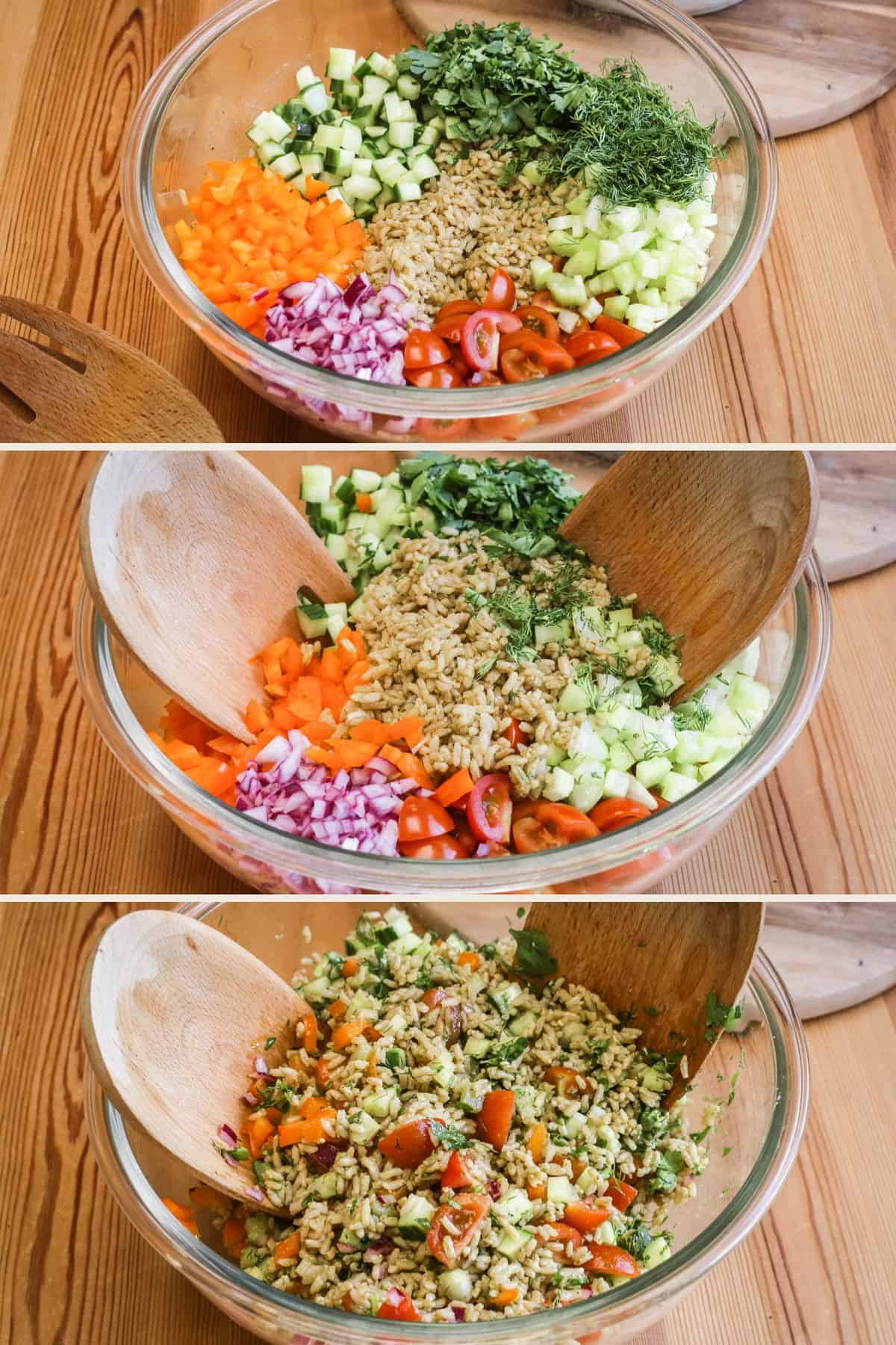 Brown rice salad ingredients in a large mixing bowl. Mixed together with salad hands.