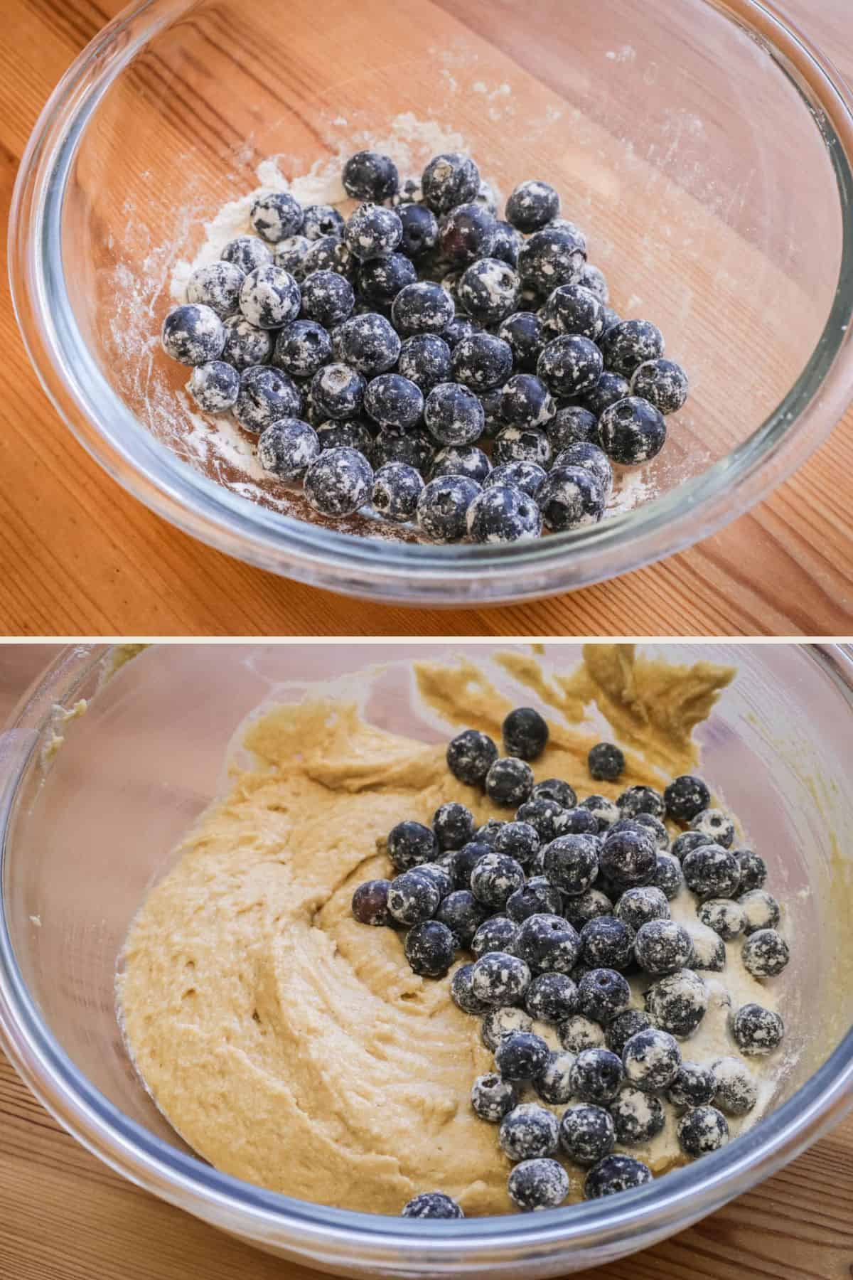 blueberrries in a bowl spinkled with flour to coat, then tossed into batter.