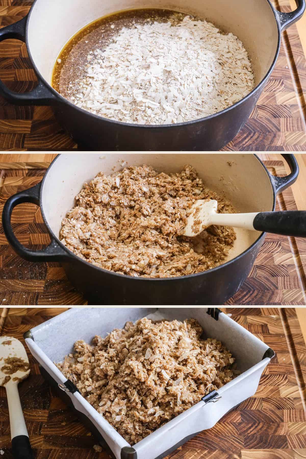 Dry ingredients poured into melted syrup ingredients. Mixed together so every flake is coated. Tipped into greased and lined baking tin.