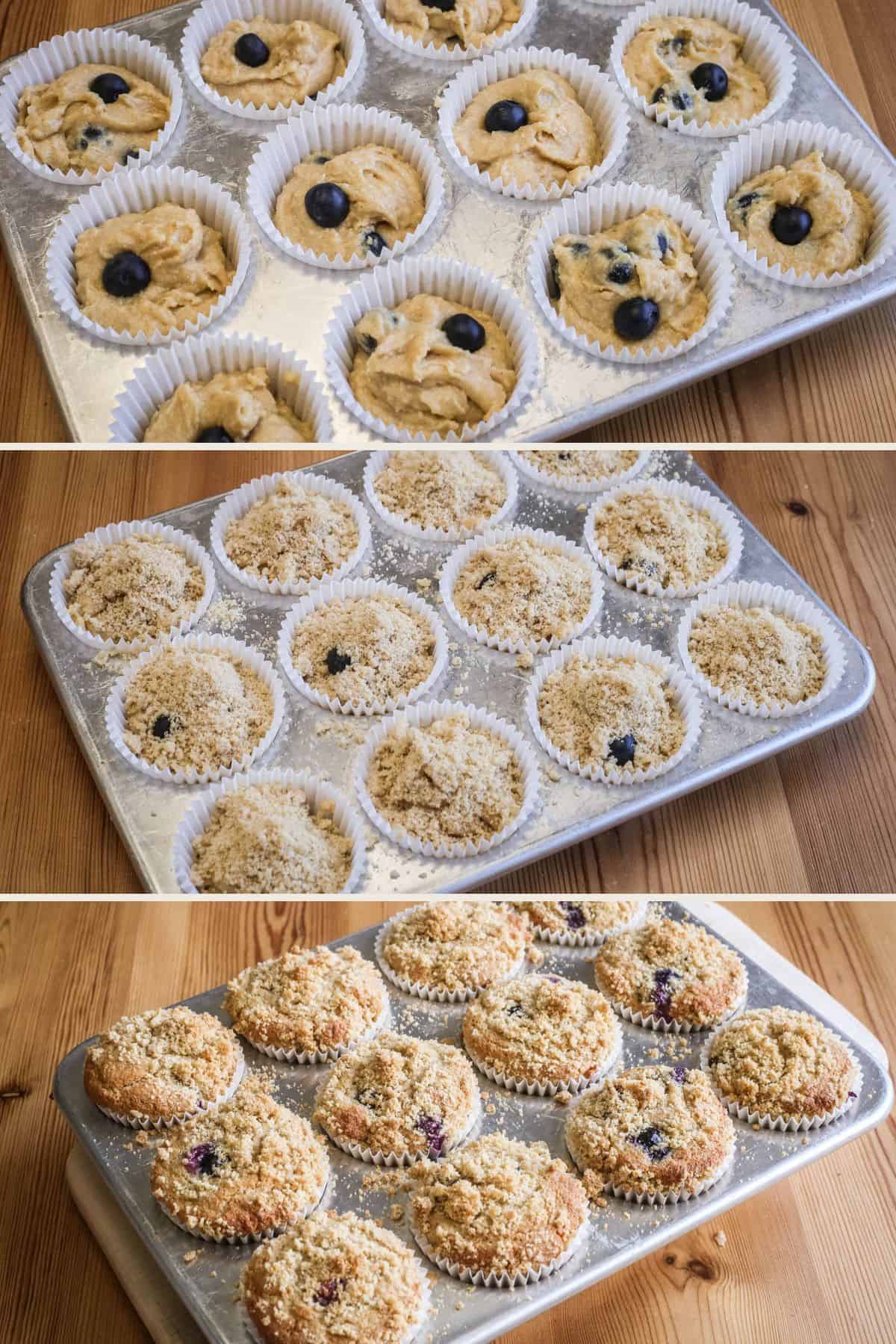 Blueberry Muffins ready to be baked in tin strewn with streusel then freshly baked looking golden.
