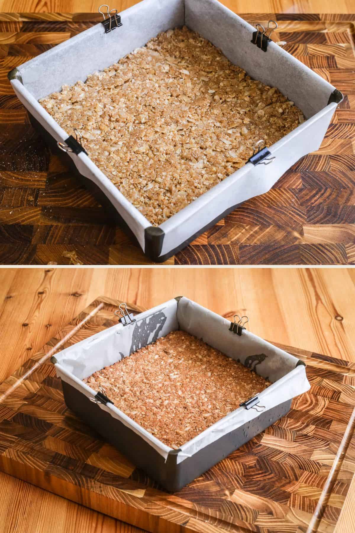 Oat Free Flapjacks pressed firmly into baking tin and after baking, golden.