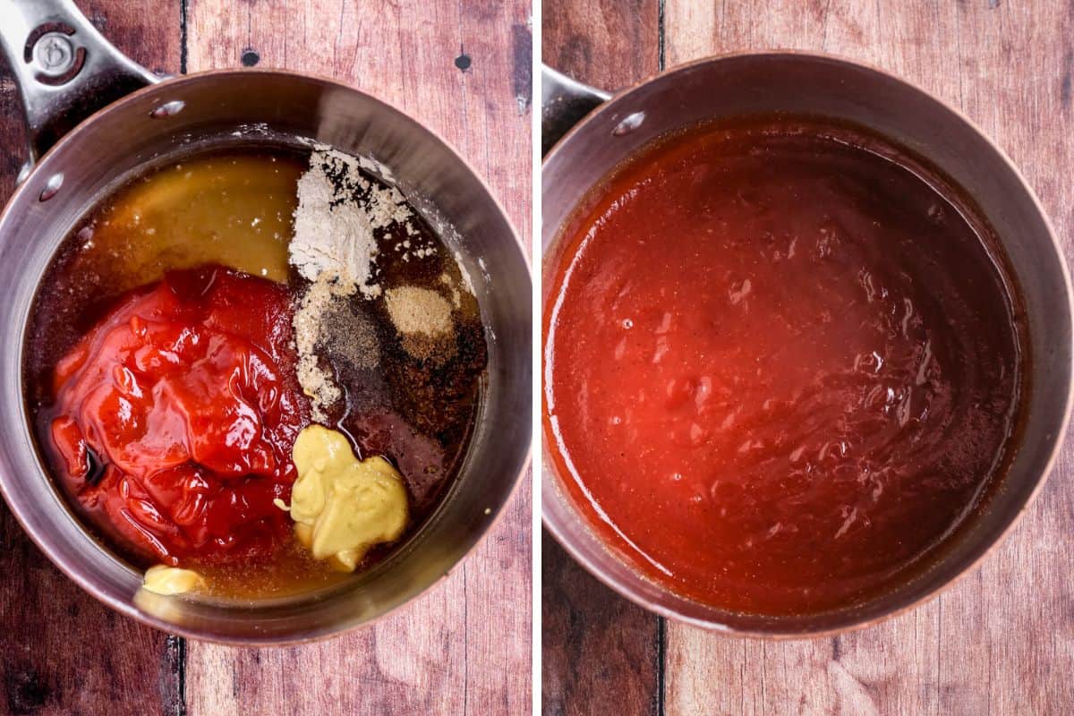BBQ sauce ingredients in a pan, cooked and whisked until thick and smooth.