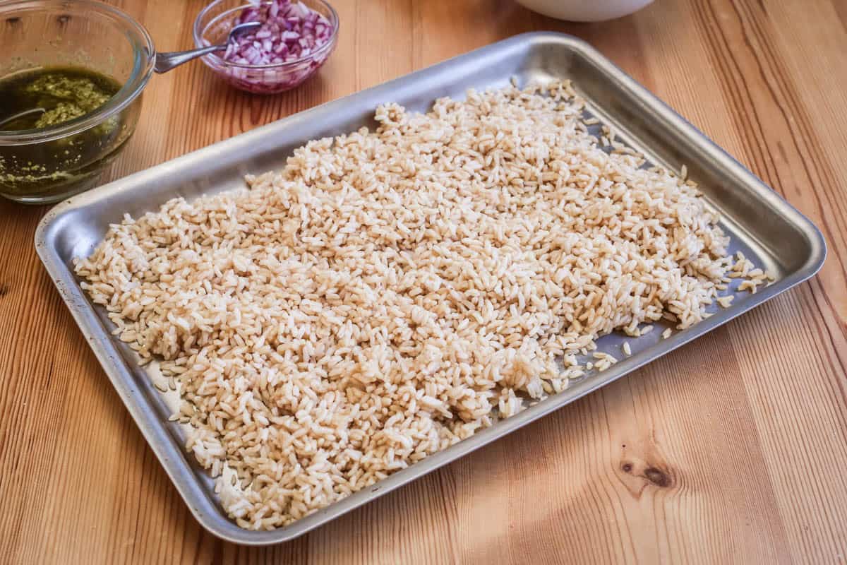 Tray of cooling brown rice.