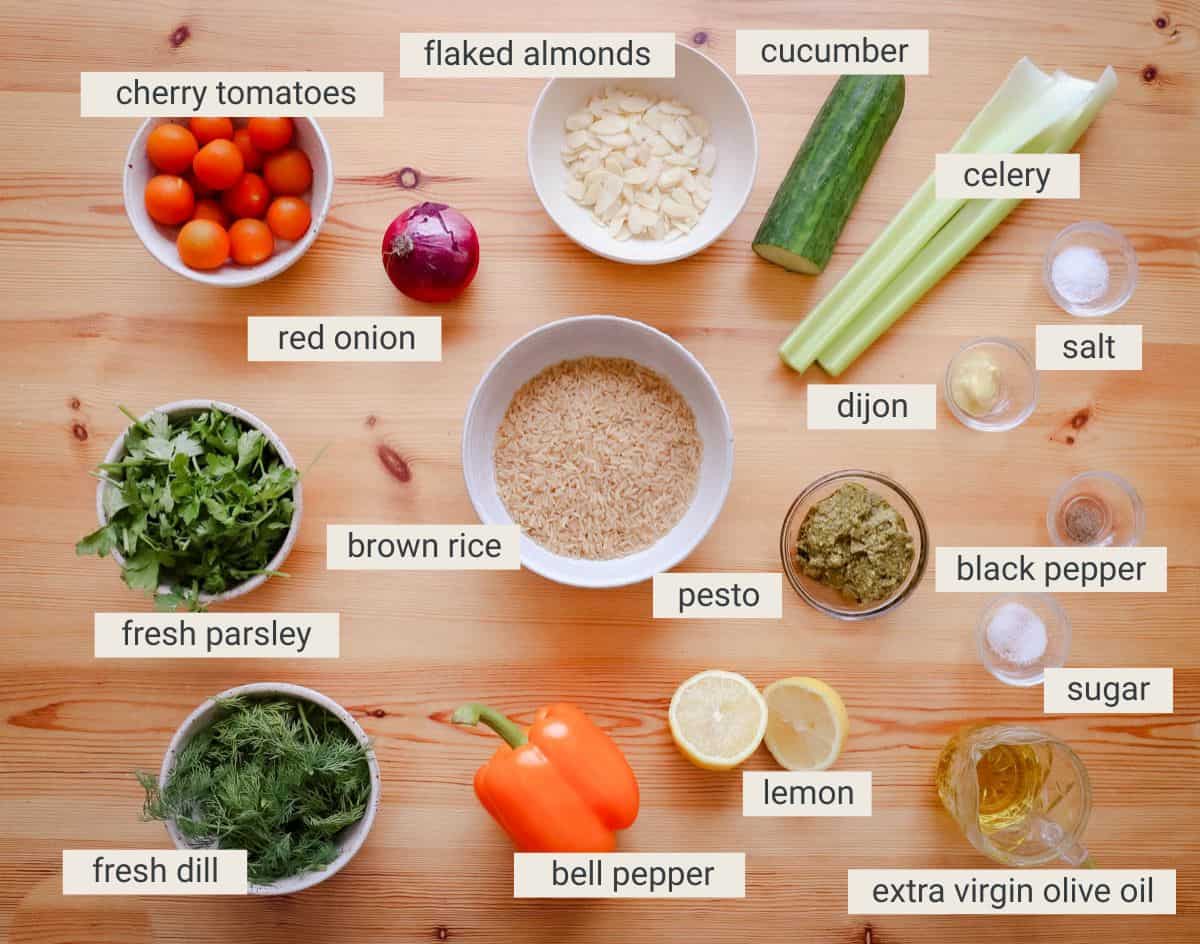 Brown Rice Salad ingredients on a table.