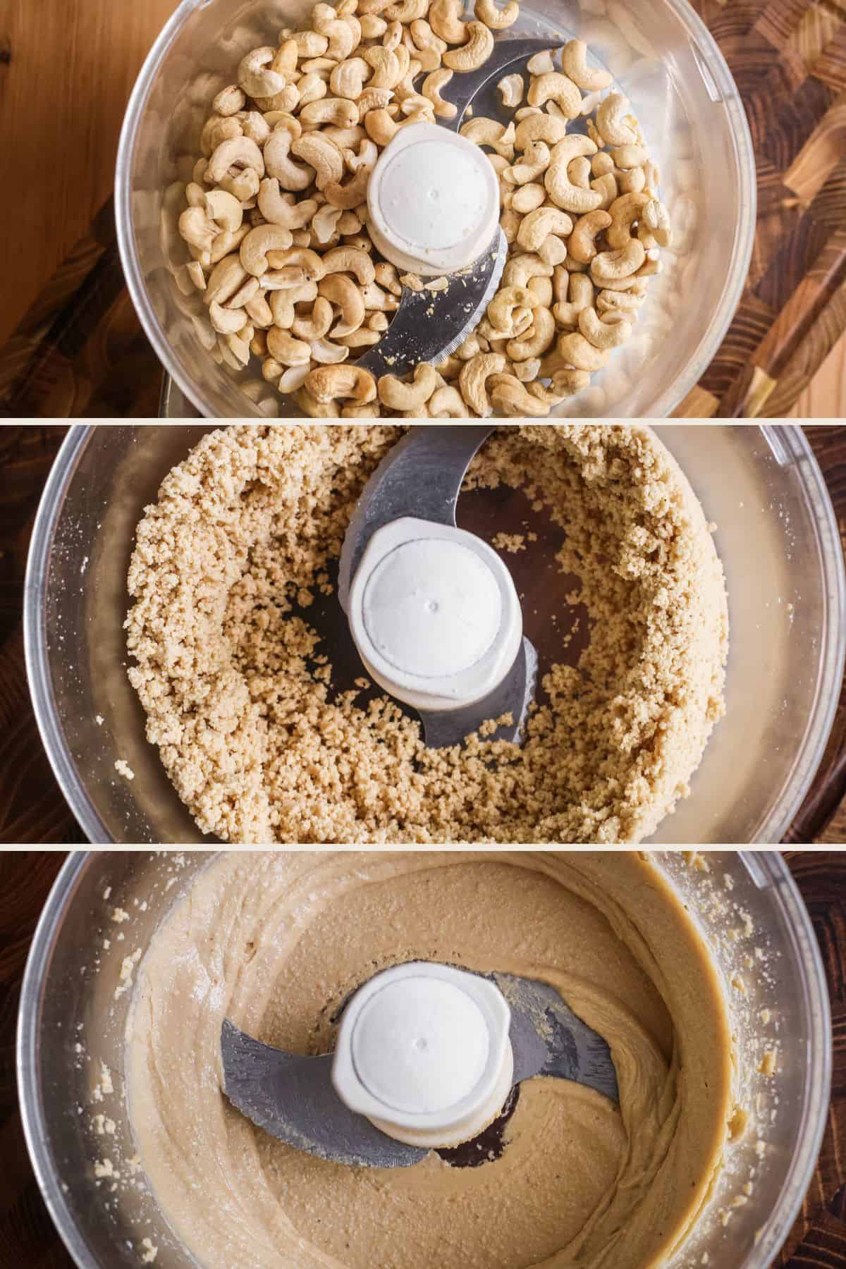 Cashew butter stages in the food processor.