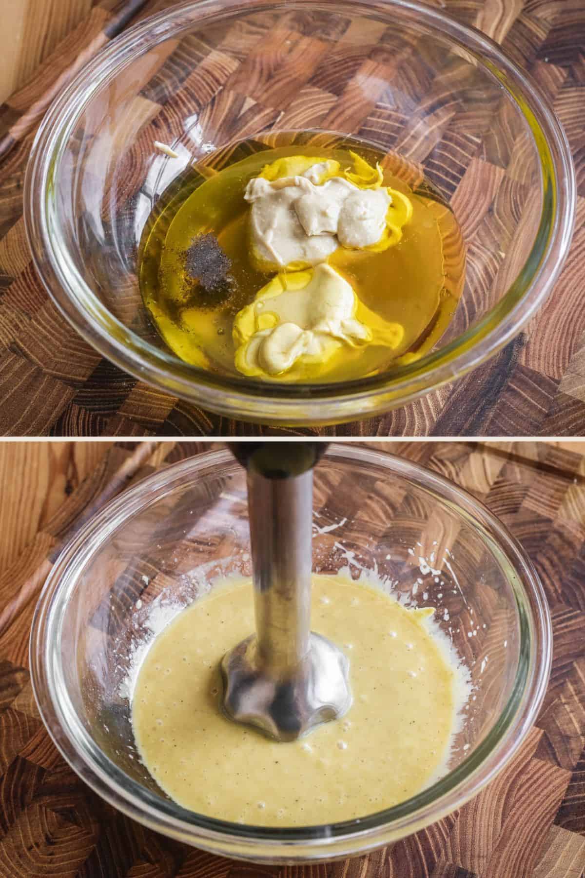 Cashew dressing ingredients in a bowl then emulsified with a handheld blender.