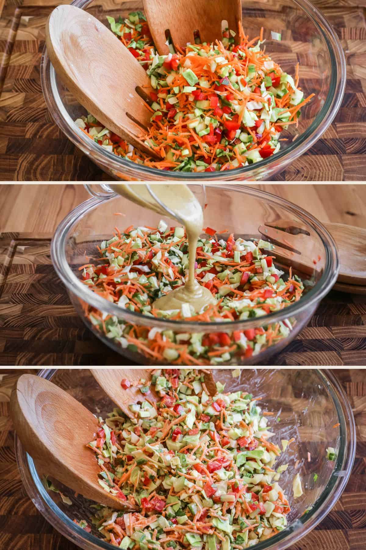 Salad tongs tossing together chopped salad with thick and creamy cashew dressing.