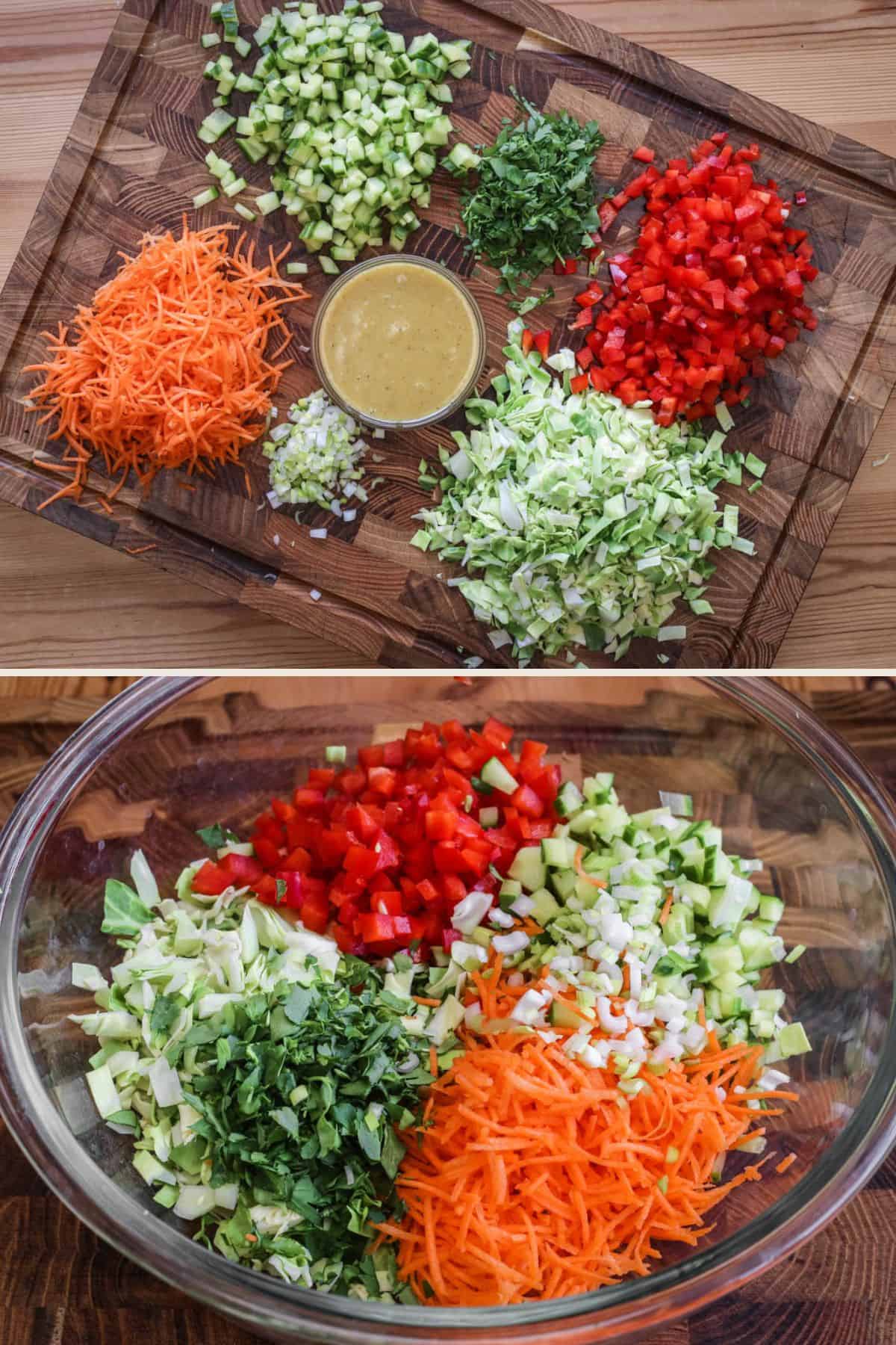 Salad ingredients chopped into small uniform pieces about 1cm thickness on a chopping board. Added together into large mixing bowl.
