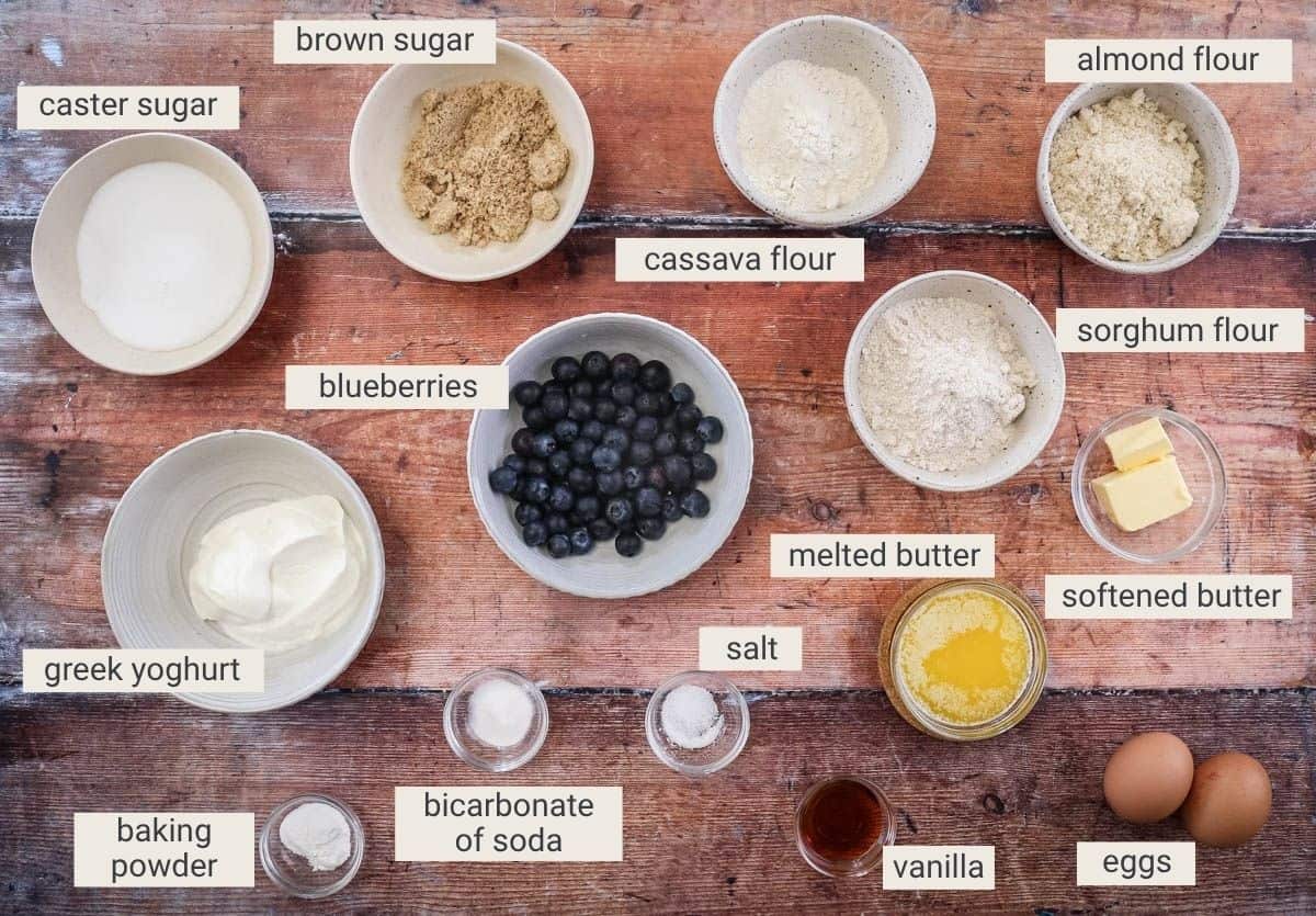 Blueberry muffin ingredients on a table.