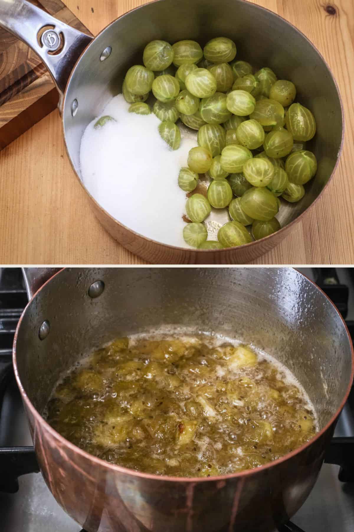 Gooseberries in pan with sugar and vanilla, cooked until softened and collapsed.