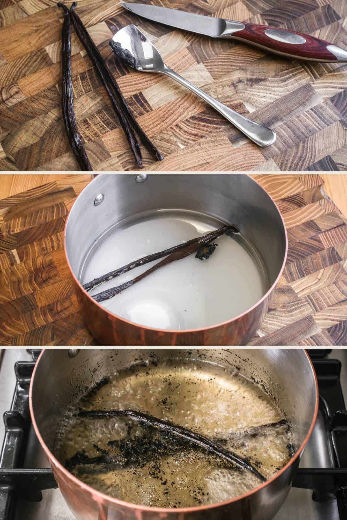 Vanilla seeds scraped out of vanilla pod, alongside knife. Placed in saucepan with sugar and water. Cooked down to a thick syrup.