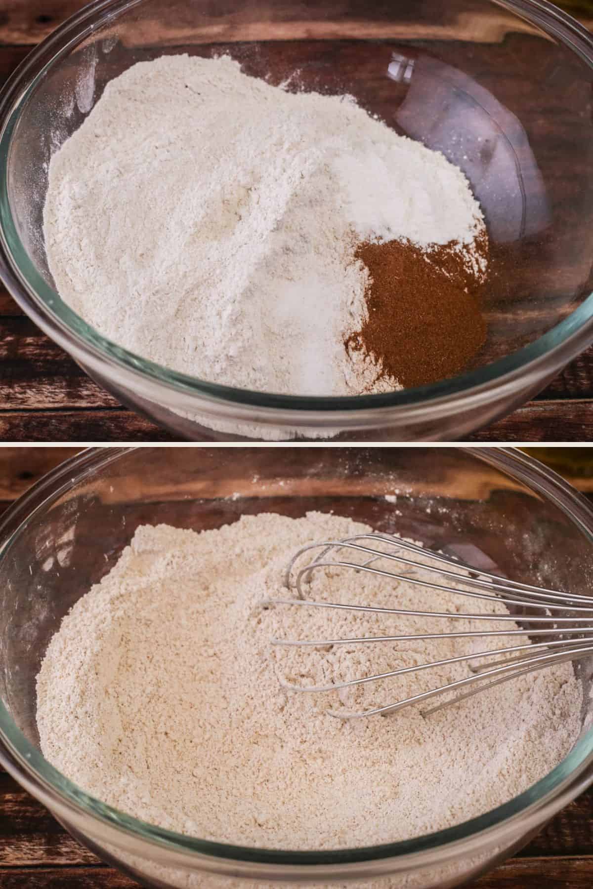 Gluten-free flour, baking powder, cinnamon and salt in a mixing bowl and whisked to combine.