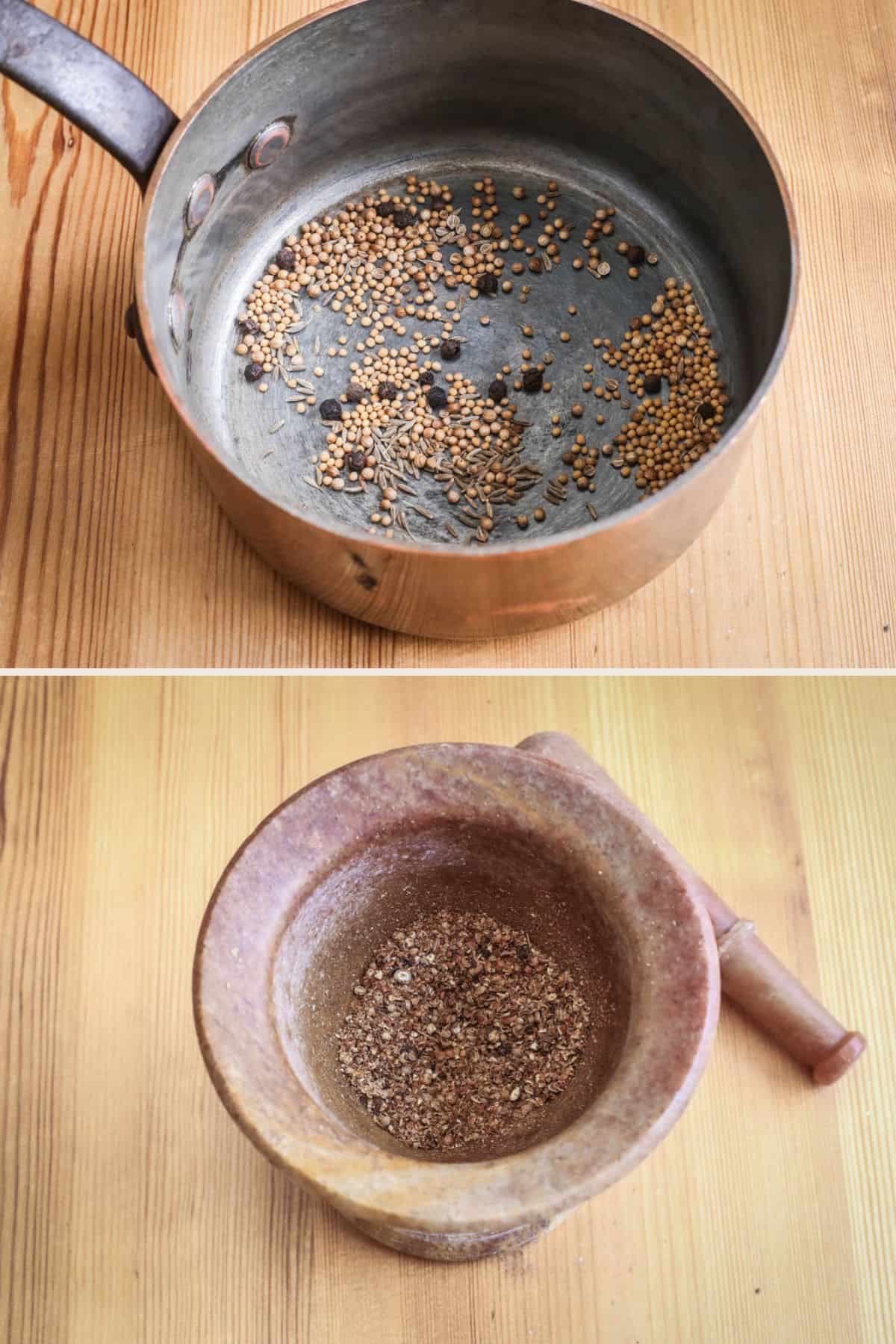 Whole spices in a saucepan to toast. Then bashed in a pestle and mortar to grind them.