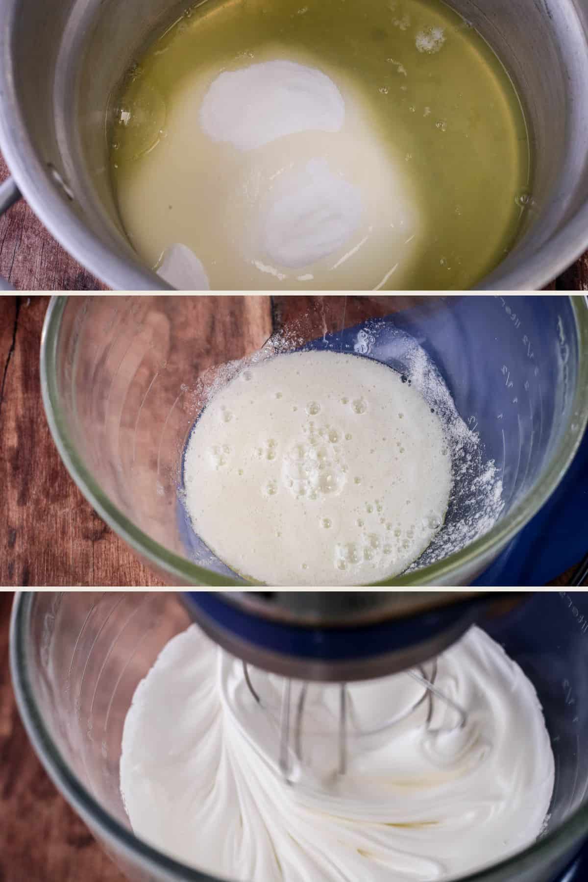 Caster sugar and egg whites heated in bain marie until sugar is fully dissolved. Added to stand mixer and whipped until stiff peaks.