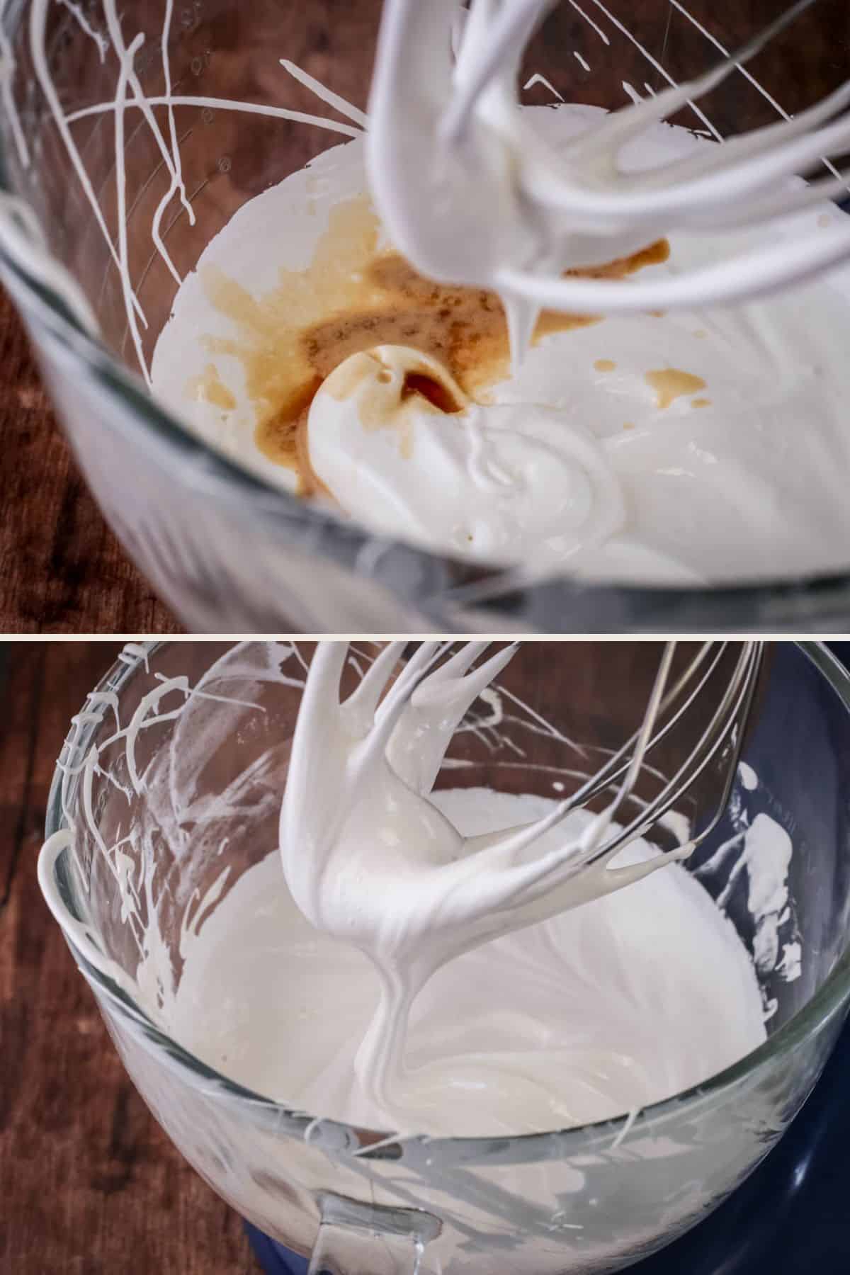 Vanilla and salt added to swiss meringue and continued to whip to combine.