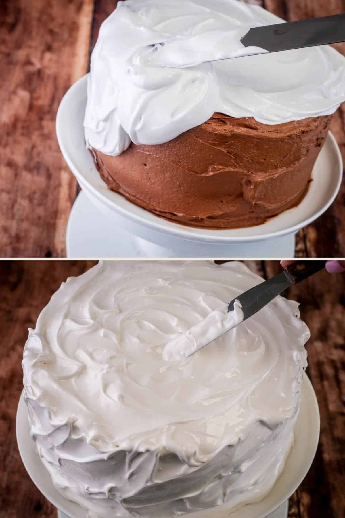 Meringue added to chilled cake to completely cover and peak the meringue using small palette knife.