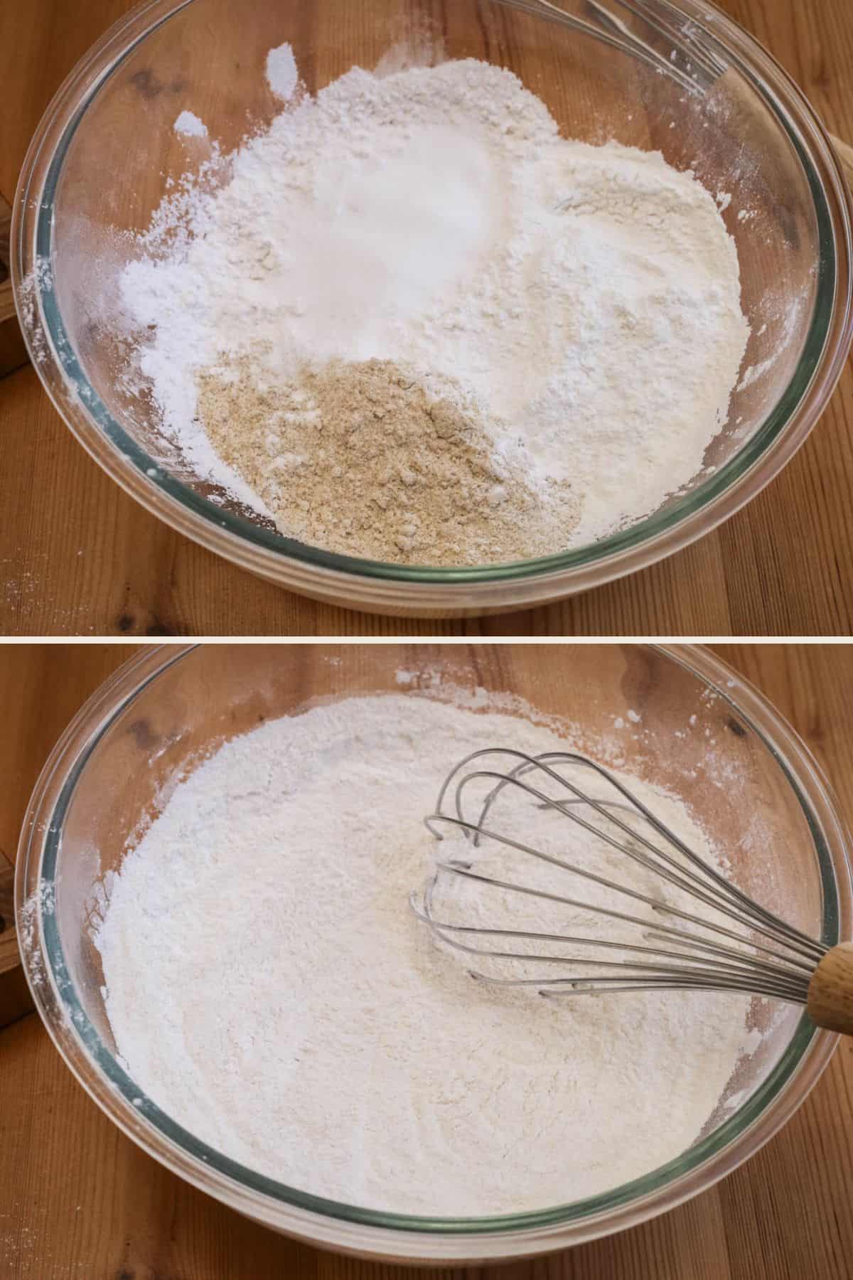 Flours, sugar and salt whisked together in large mixing bowl.