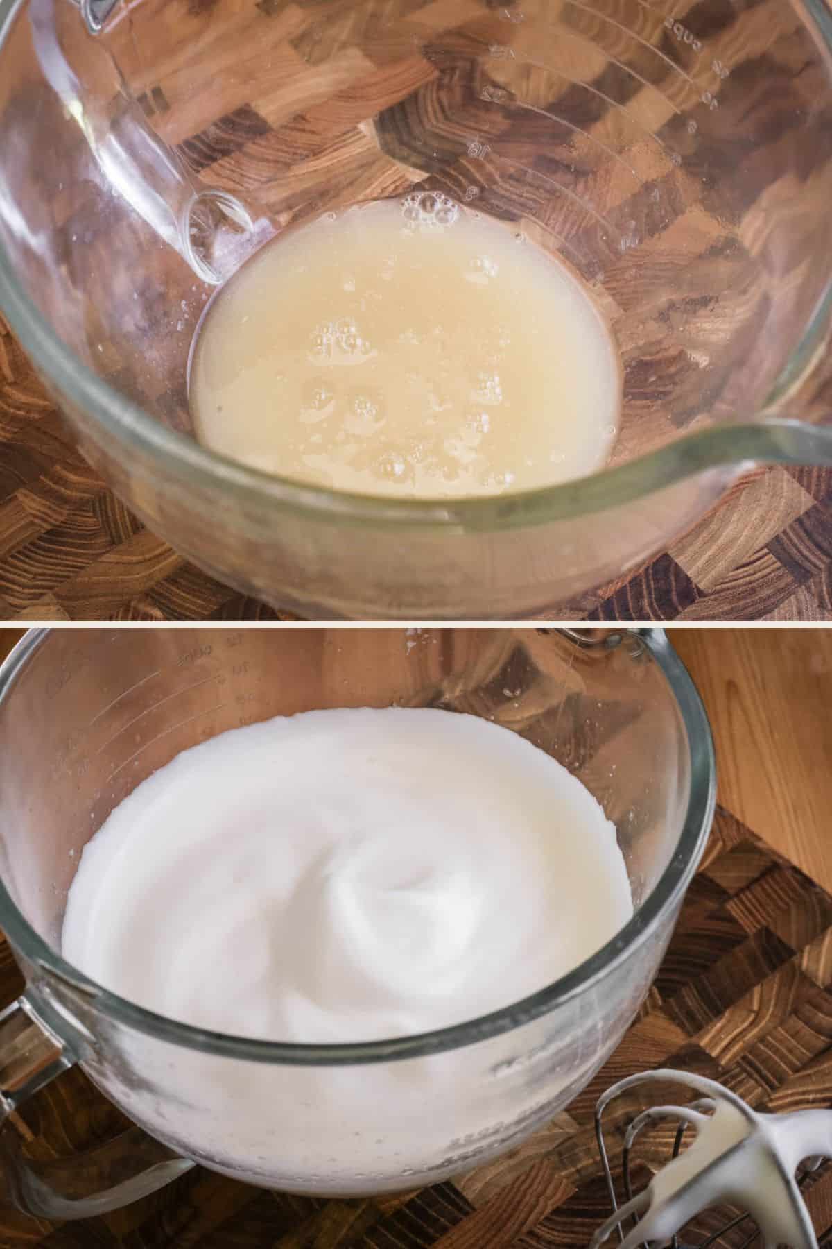 Aquafaba in a stand mixer before and asking whipping until white and stiff.