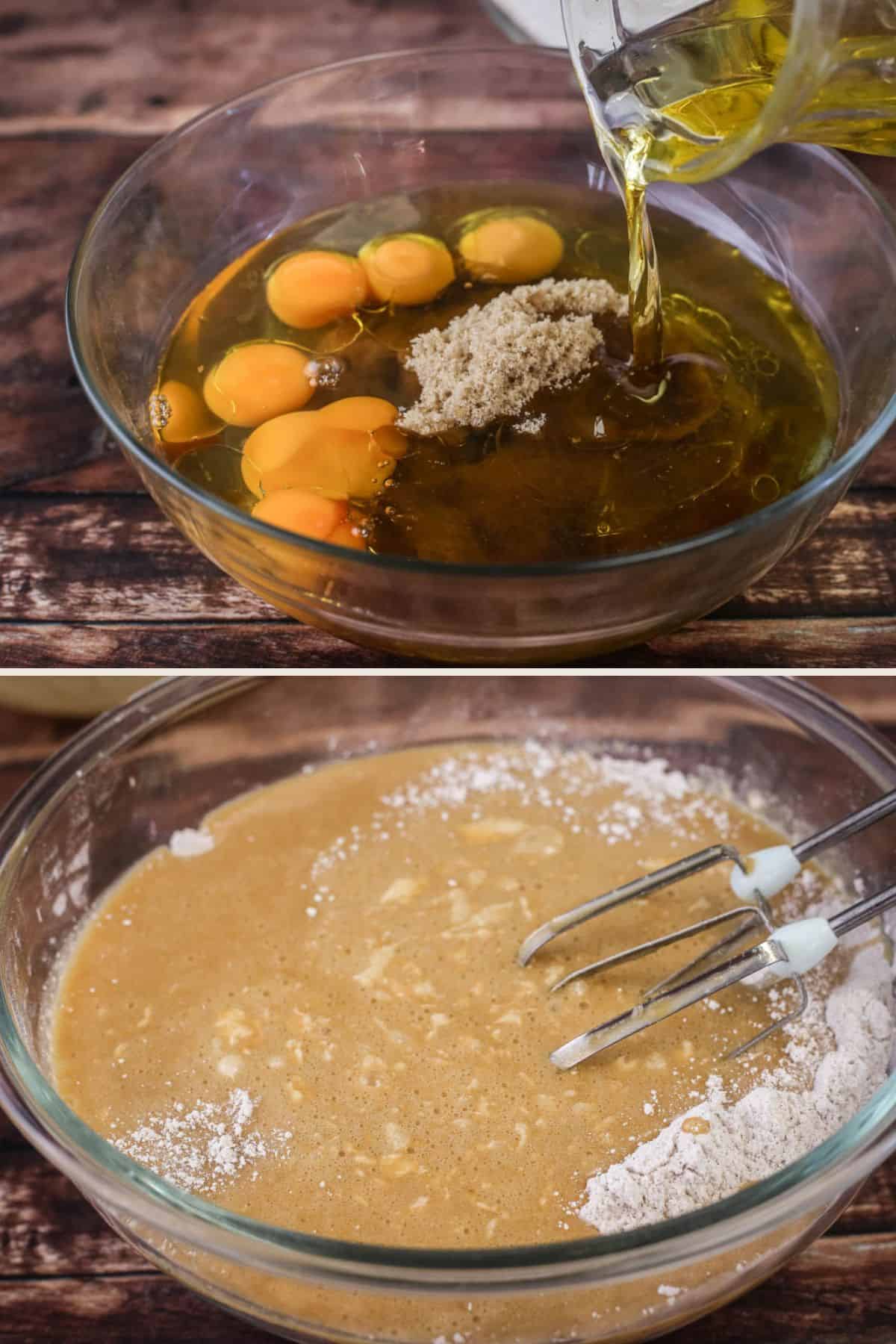 Wet ingredients poured into mixing bowl then added to dry ingredients to combine.