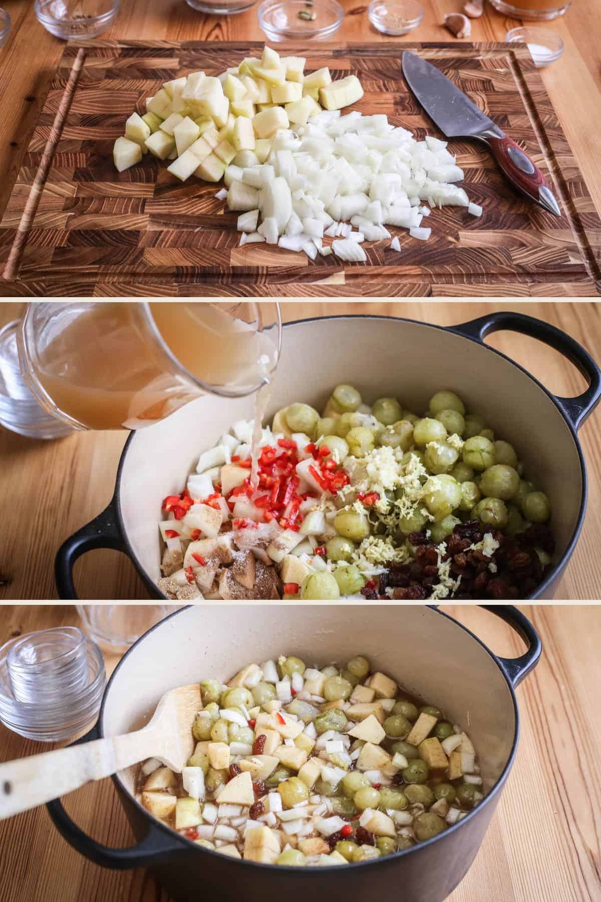Apples and onions chopped in uniform pieces. All ingredients in preserving pan with apple cider vinegar poured in. Wooden spoon mixing ingredients.
