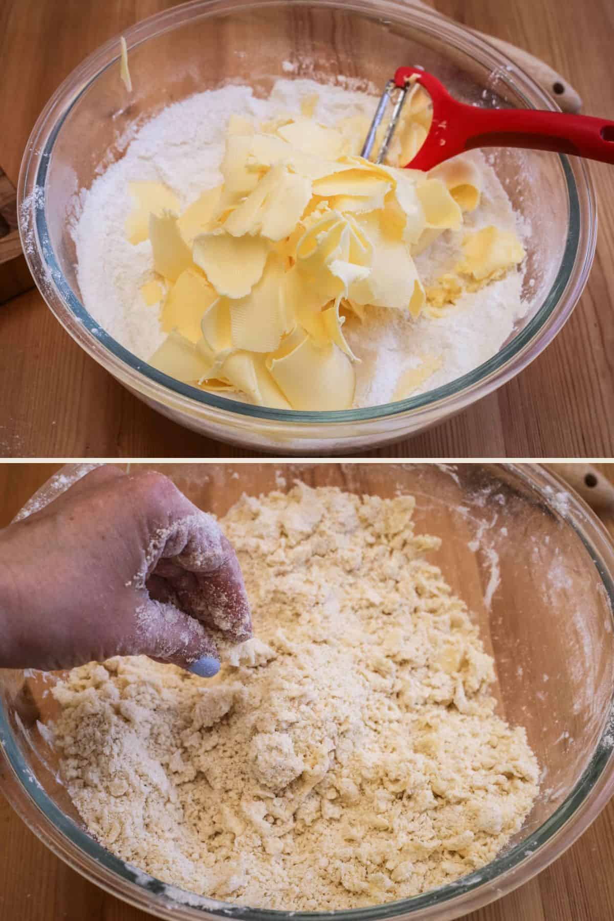 Cole butter peeled into flour mixture and rubbed between fingertips to create shaggy dough.