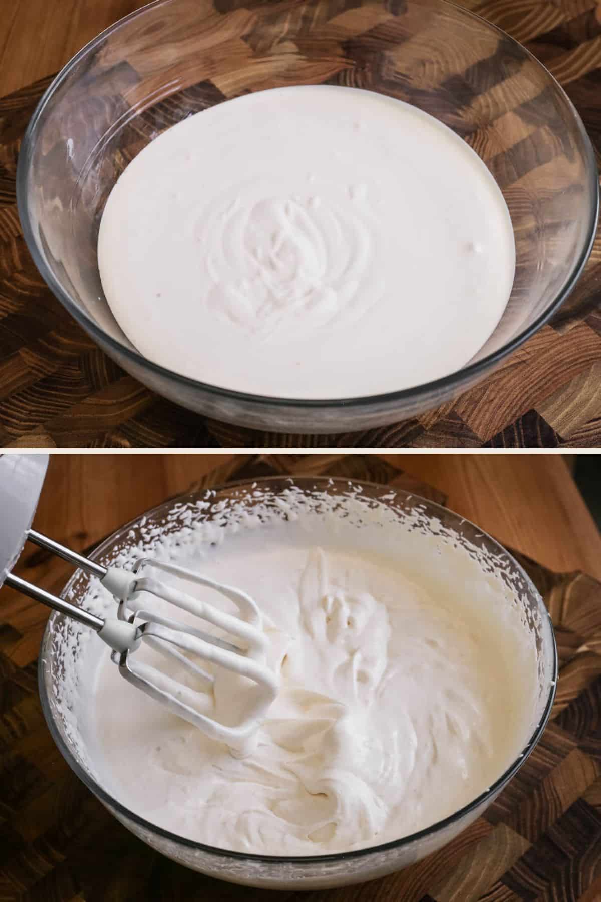 Plant-based cream in a bowl before and after whipping until thick and stiff.