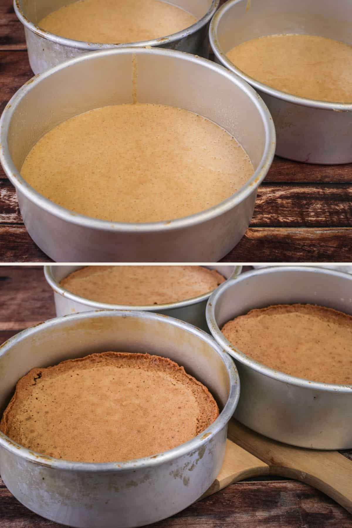 S'mores Cake batter divided between three baking tins and after baking golden brown and pulling away from the sides of the tin.