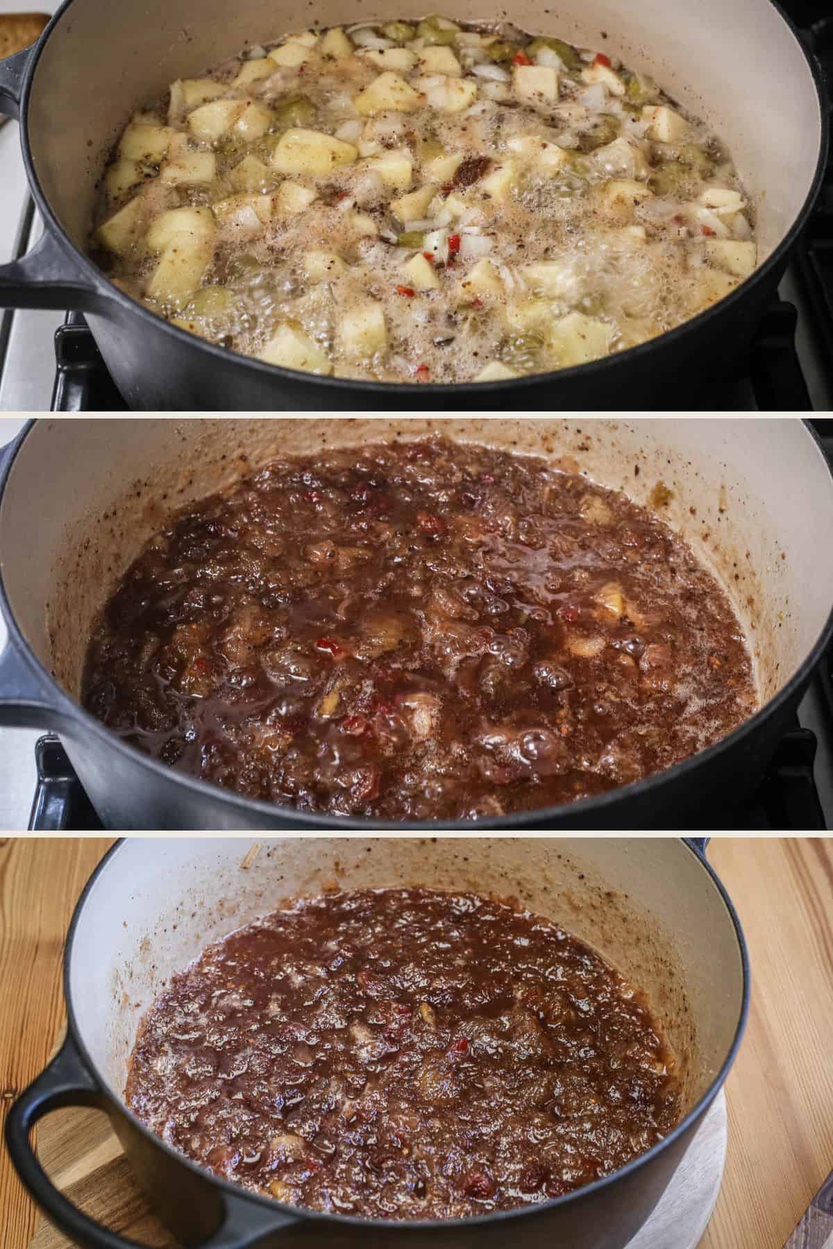 Chutney being brought to a slow boil. Cooked after a while and darkened in colour and then finished and thickened.