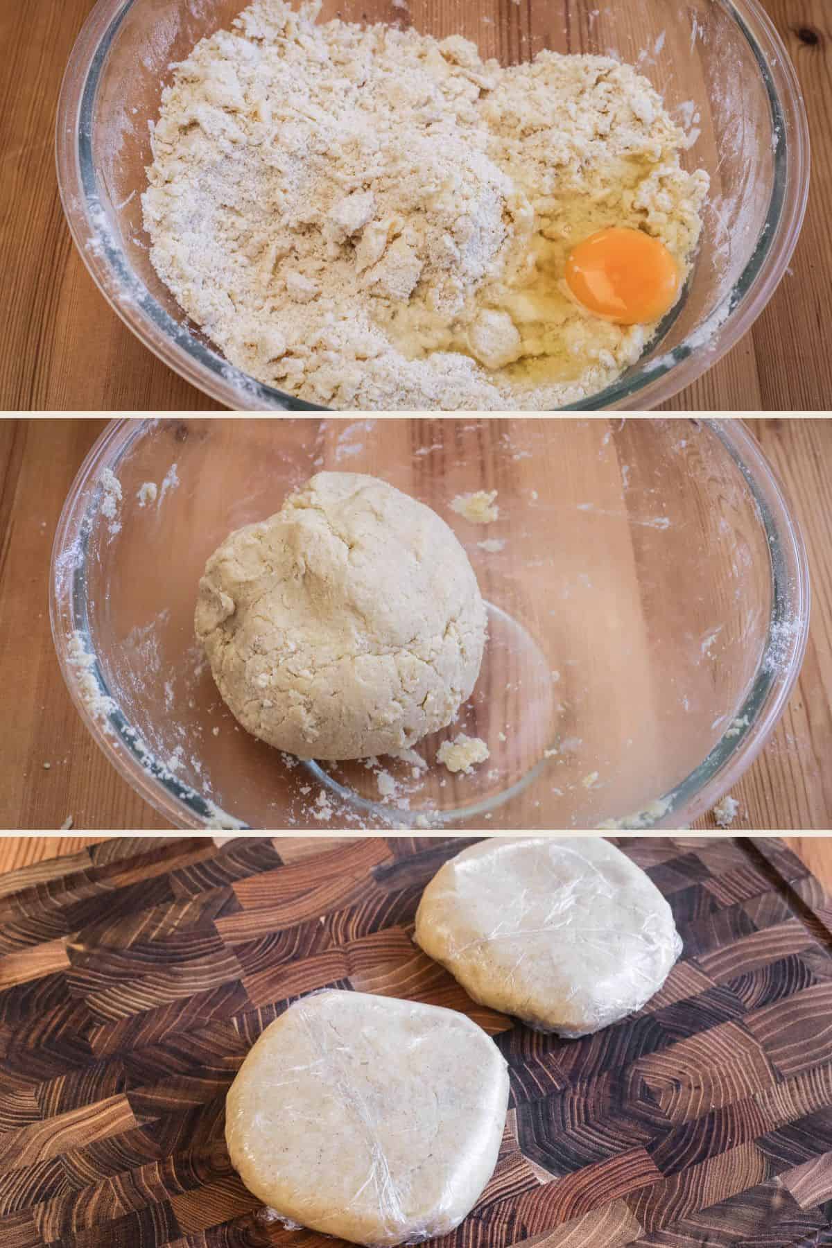 Egg and egg white added to dry ingredients, rolled into dough ball and split into two discs, wrapped and ready to chill.