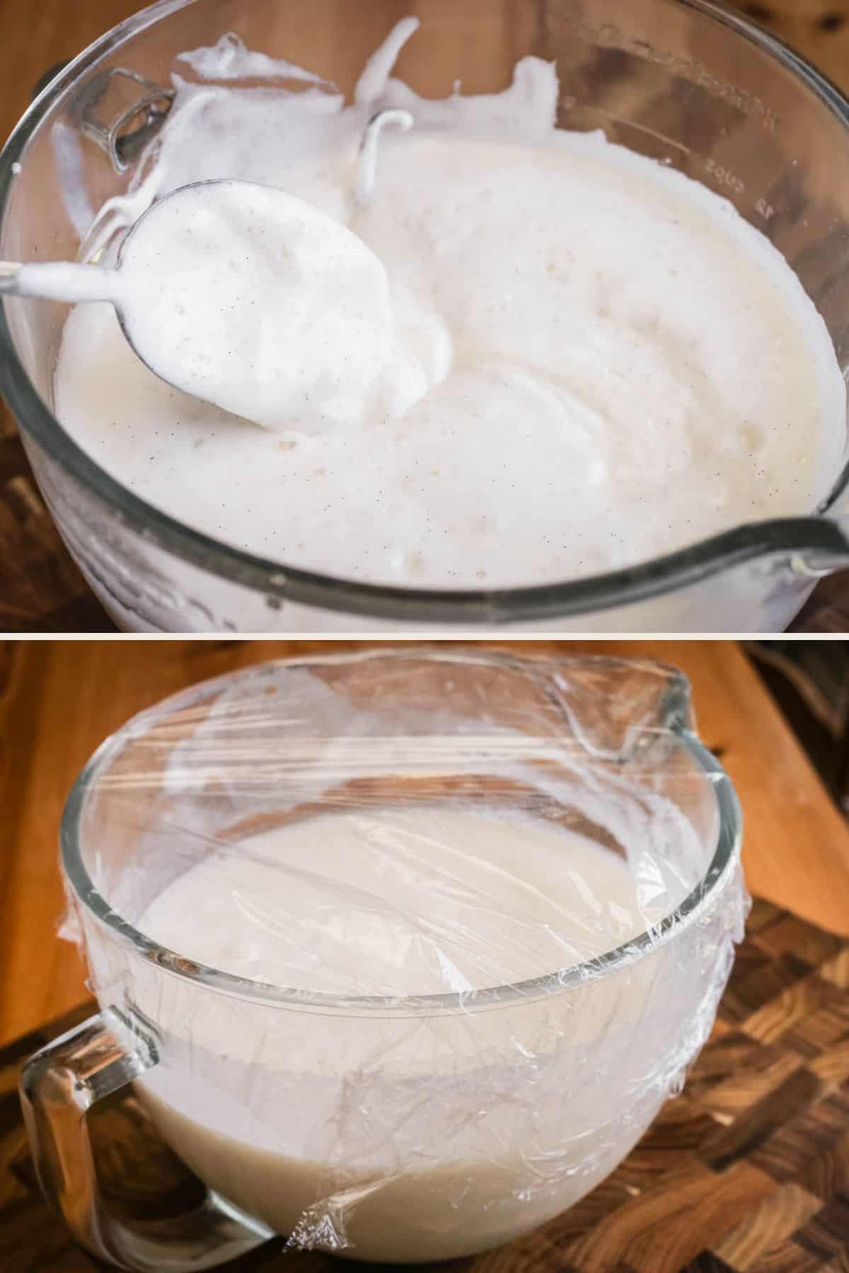 Whipped cream added to ice cream base until thick and creamy. Covered ready for chilling.