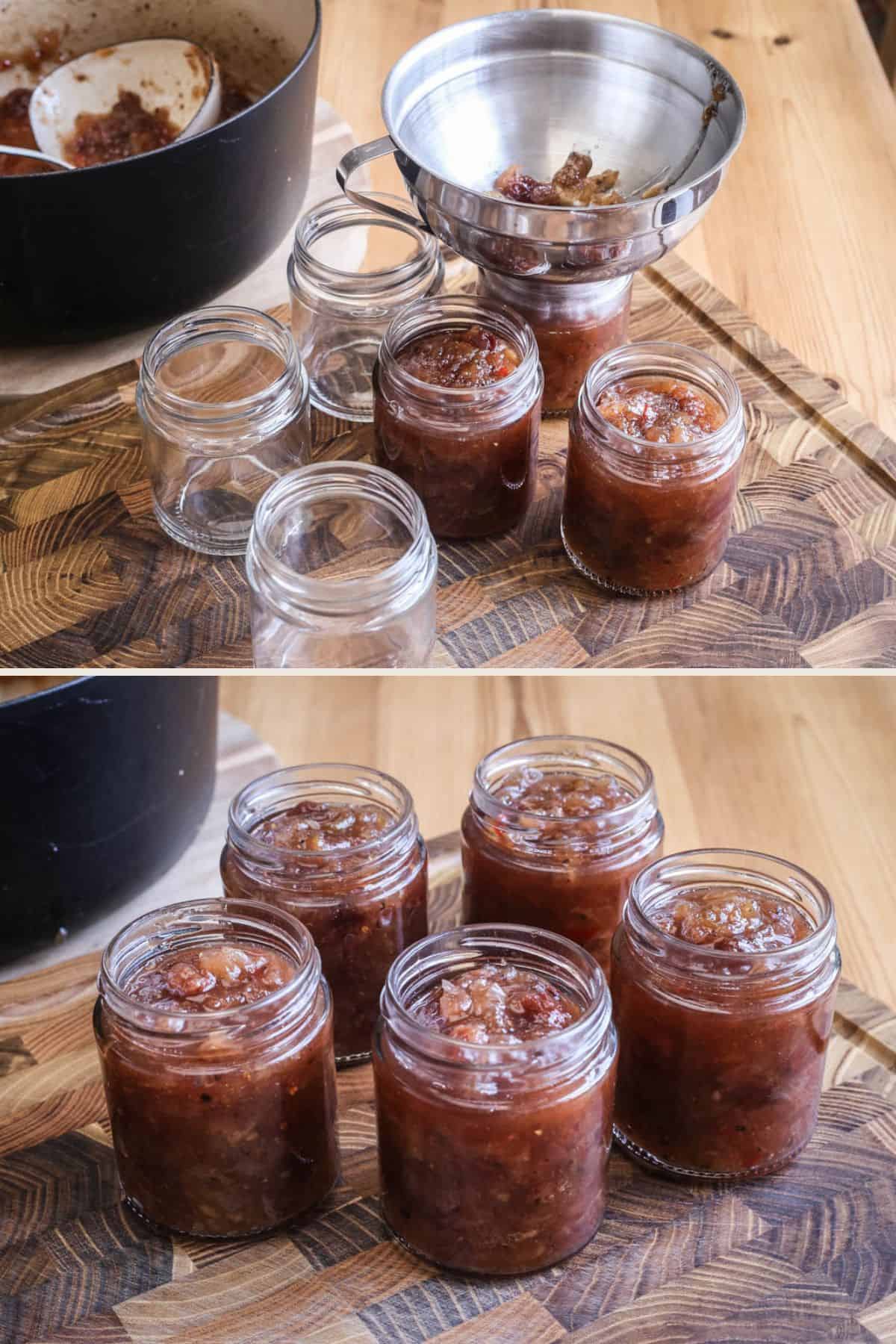 Pots filled with freshly made chutney, using jam funnel for clean decanting.