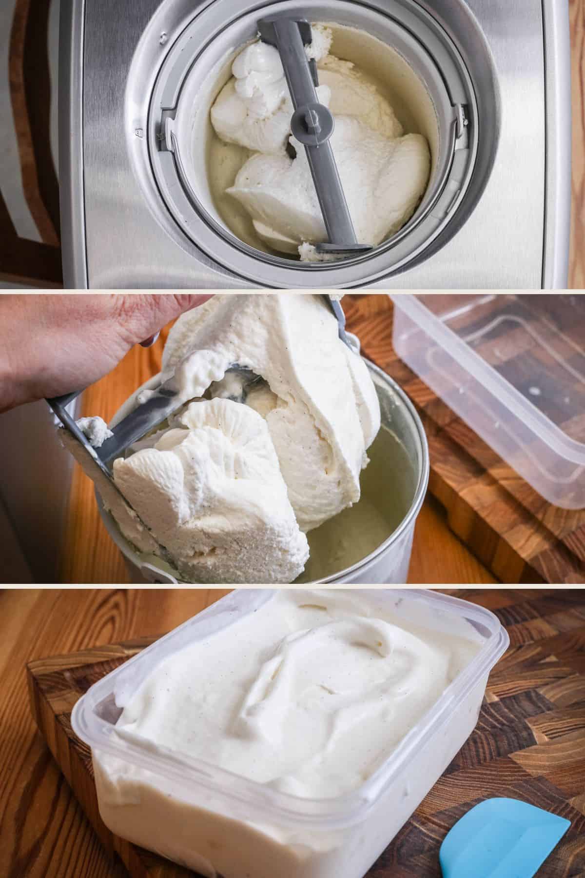 Ice cream churned in ice cream maker and lifted out of machine then decanted into shallow airtight container.