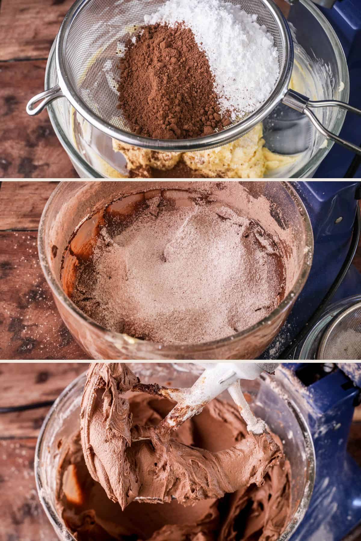 Icing sugar and cocoa powder added to plant based butter and whipped until creamy.