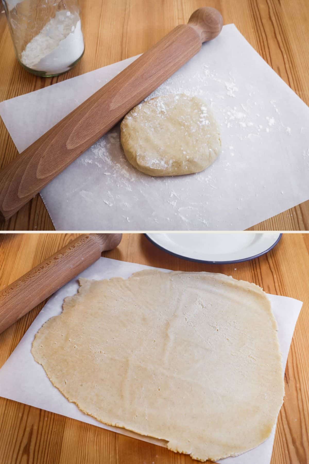 Disc of pastry rolled in between baking parchment.