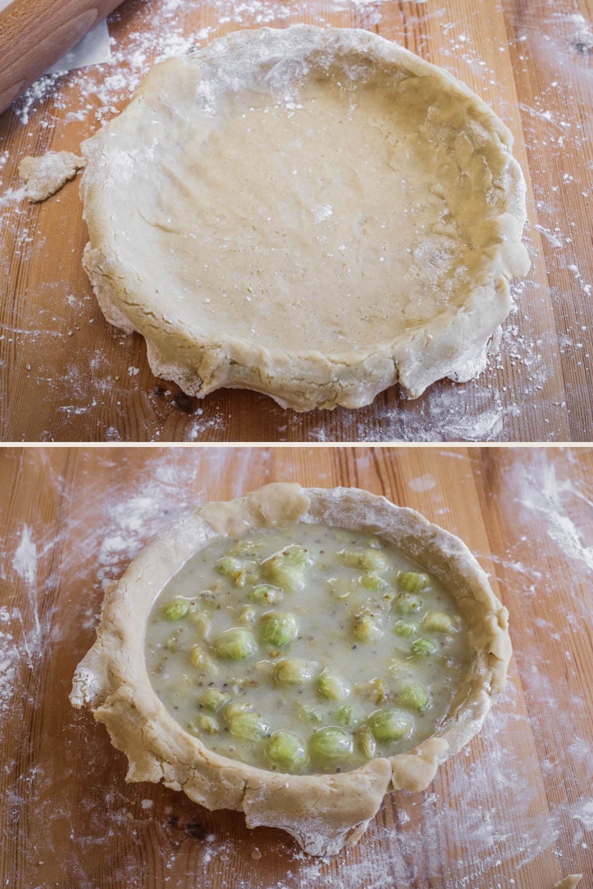 Larger rolled disc of pastry fitted to 20cm pie dish. Filled with gooseberry filling.