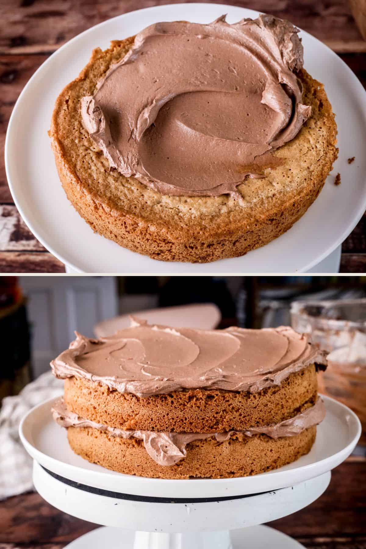Chocolate buttercream added to first sponge layer, smoothed out then second sponge layer added and another layer of buttercream.