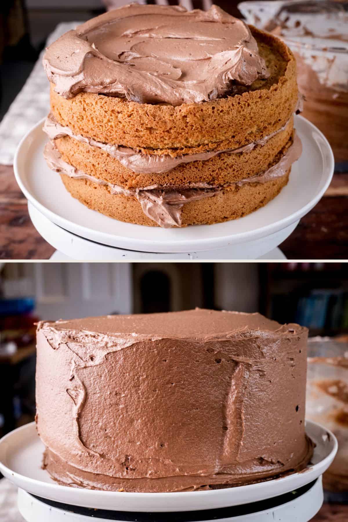 Third sponge layer added then the rest of the buttercream covered all over the cake.