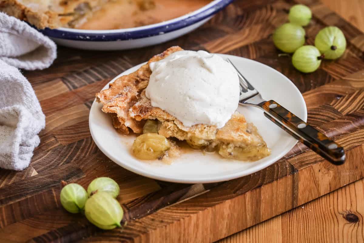 A slice of warm gooseberry pie on a plate heaped with slowly melting ice cream.