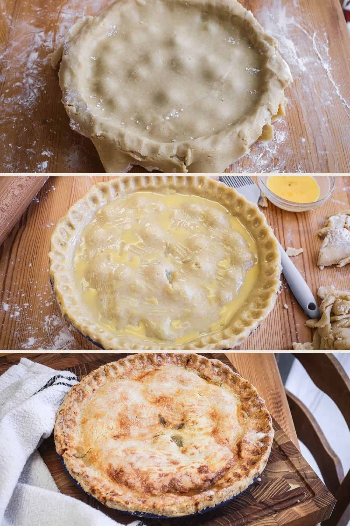 Second disc of rolled pastry dough draped over the top of the pie. Excess pastry sliced off, edges crimped and brushed with egg wash. Baked and golden after baking.