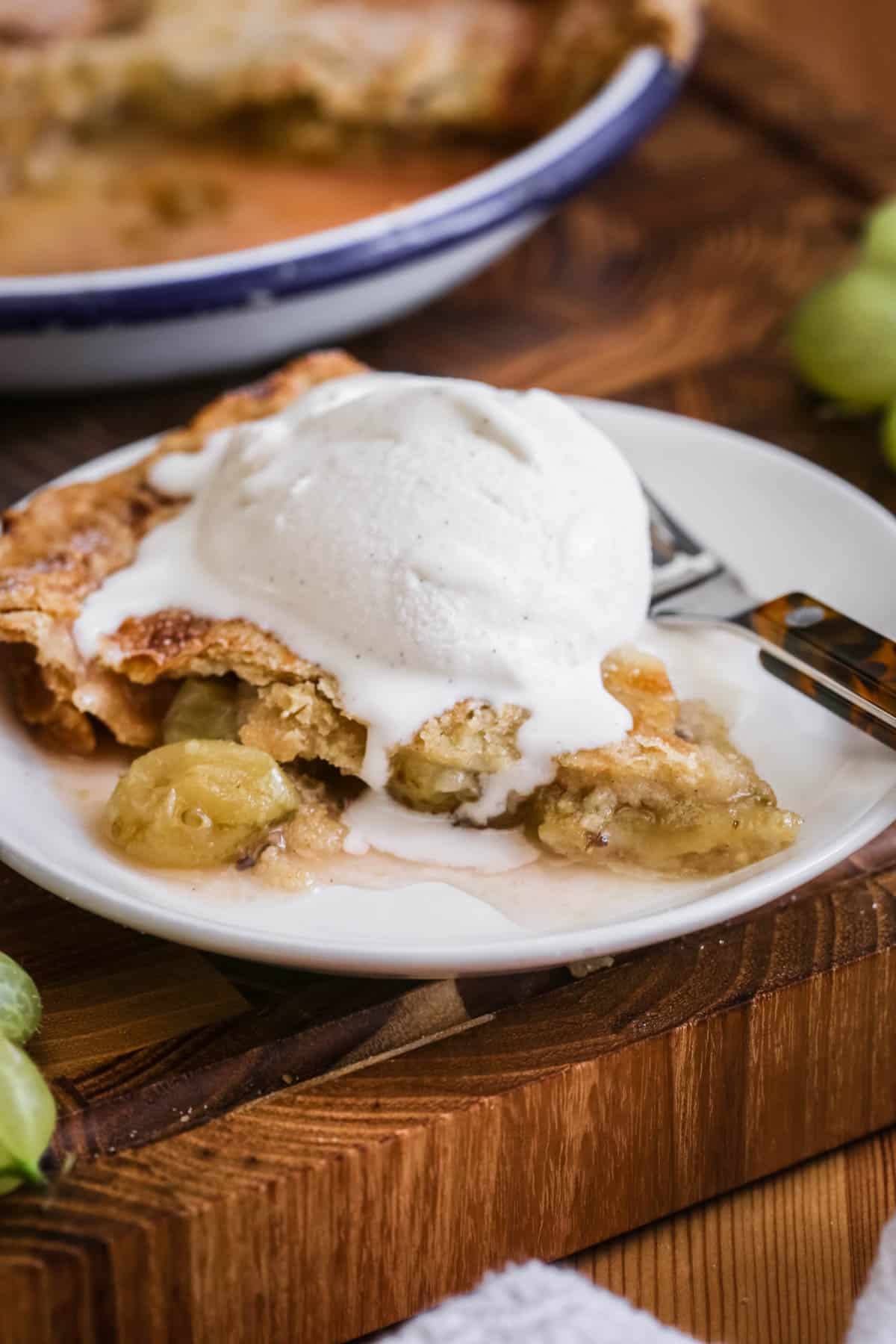 A slice of warm gooseberry pie on a plate heaped with slowly melting ice cream.